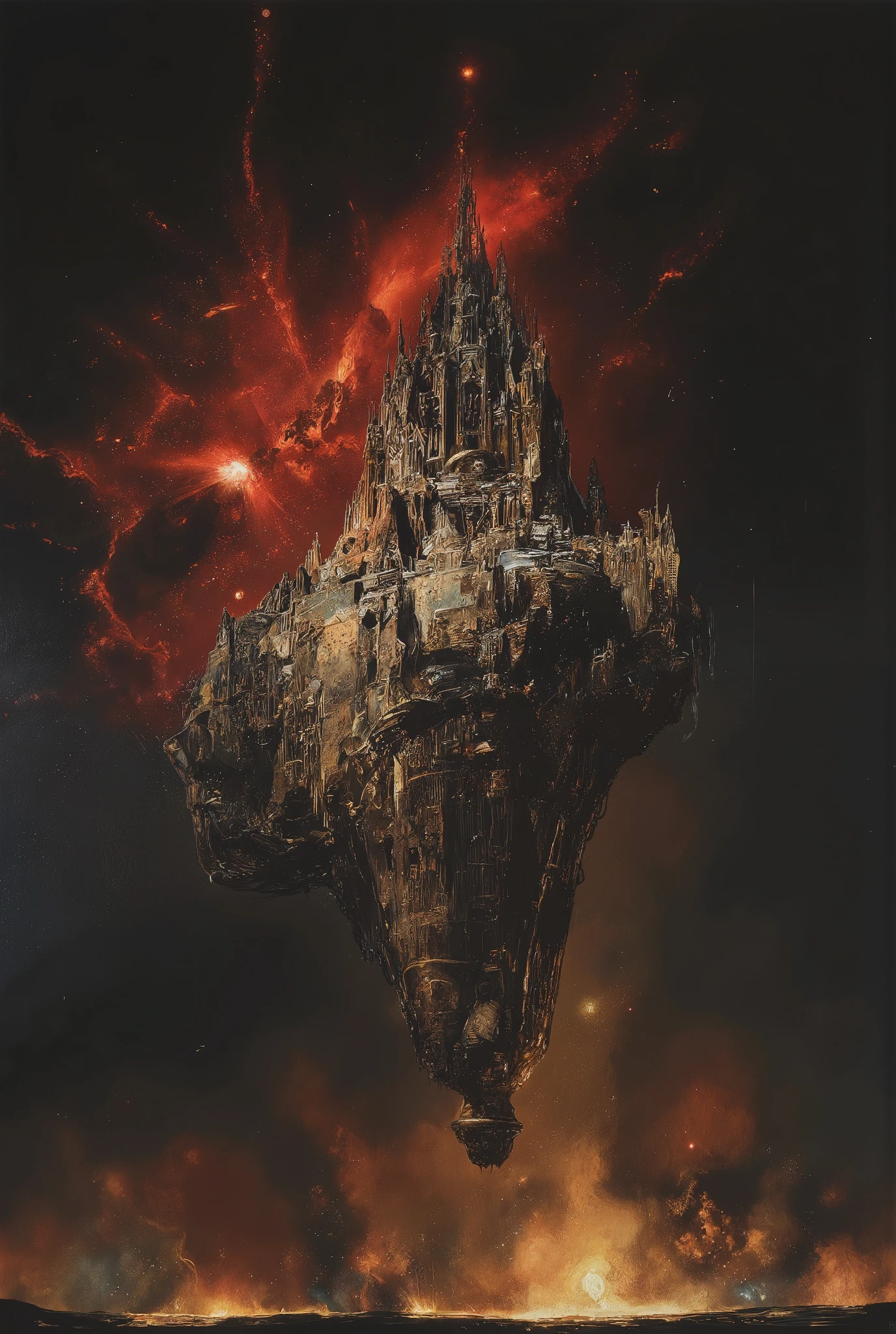 Terryffying illustration depicting supermassive spaceship floating in space, representing the last hope and final frontier of a dying human race. Spaceship looks menacing and is shaped in a way that resembles gothic cathedral . Spaceship is silhouetted by the dim, fading light of a distant supernova. The lighting is soft but mournful, casting a faint red hue over the scene. A sense of tragic beauty permeates the air, as speship represents the humanity's once-great empire stretch into infinity. Chiaroscuro techniques emphasize textures and dimensions. Impasto effects add tactile depth to the subject's worn features. Faded yet powerful, this 8K masterpiece by a master artist (think Will Eisner or Katsushiro Otomo) commands attention with its ultrasharp focus.