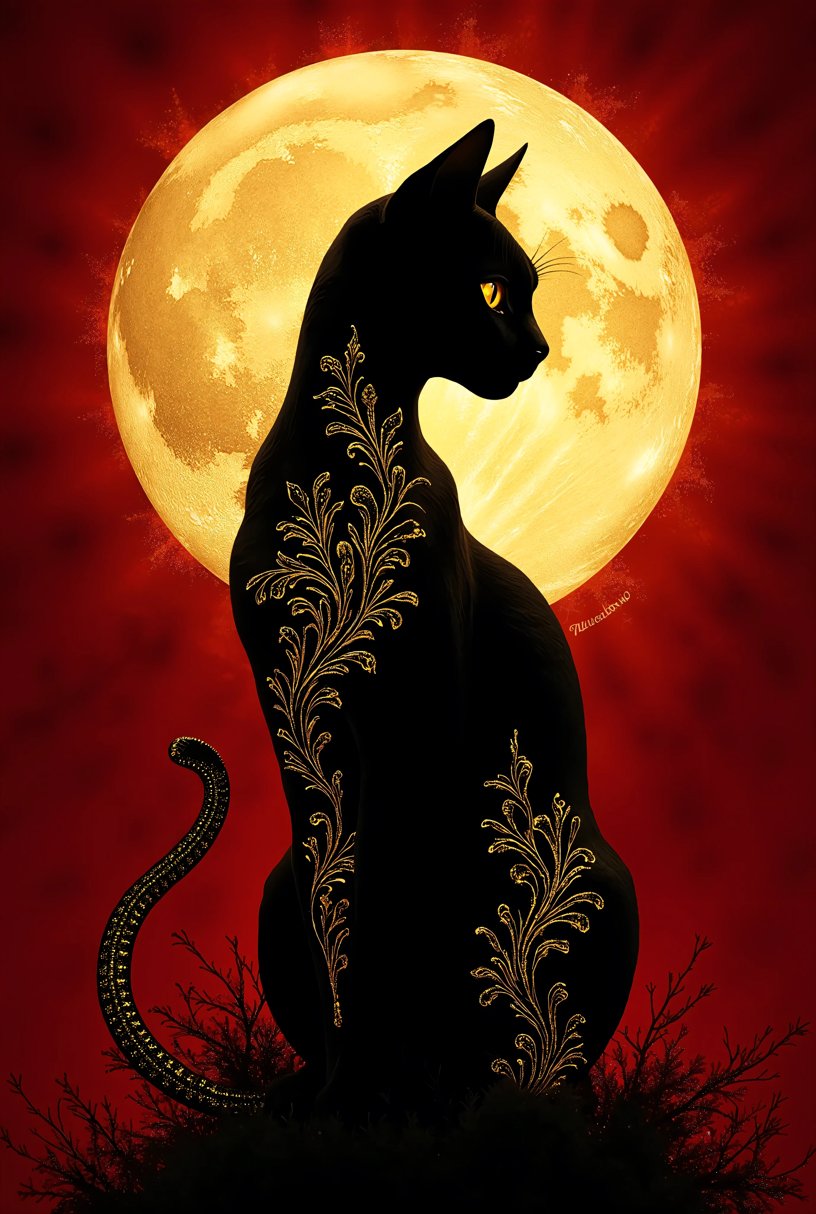 Art nouveau style modern reimagining of the iconic Le Chat Noir poster featuring a sleek silhouette of a black cat adorned with intricate golden filigree patterns along its contours against a deep crimson background with a luminous golden moon behind its head creating a halo effect while maintaining the vintage cabaret aesthetics with contemporary graphic design sensibilities and rich contrasting textures between the matte black cat and metallic gold embellishments in a dramatic theatrical composition with dramatic top-down lighting that highlights the gold elements against subtle smoke-like textures in the background .