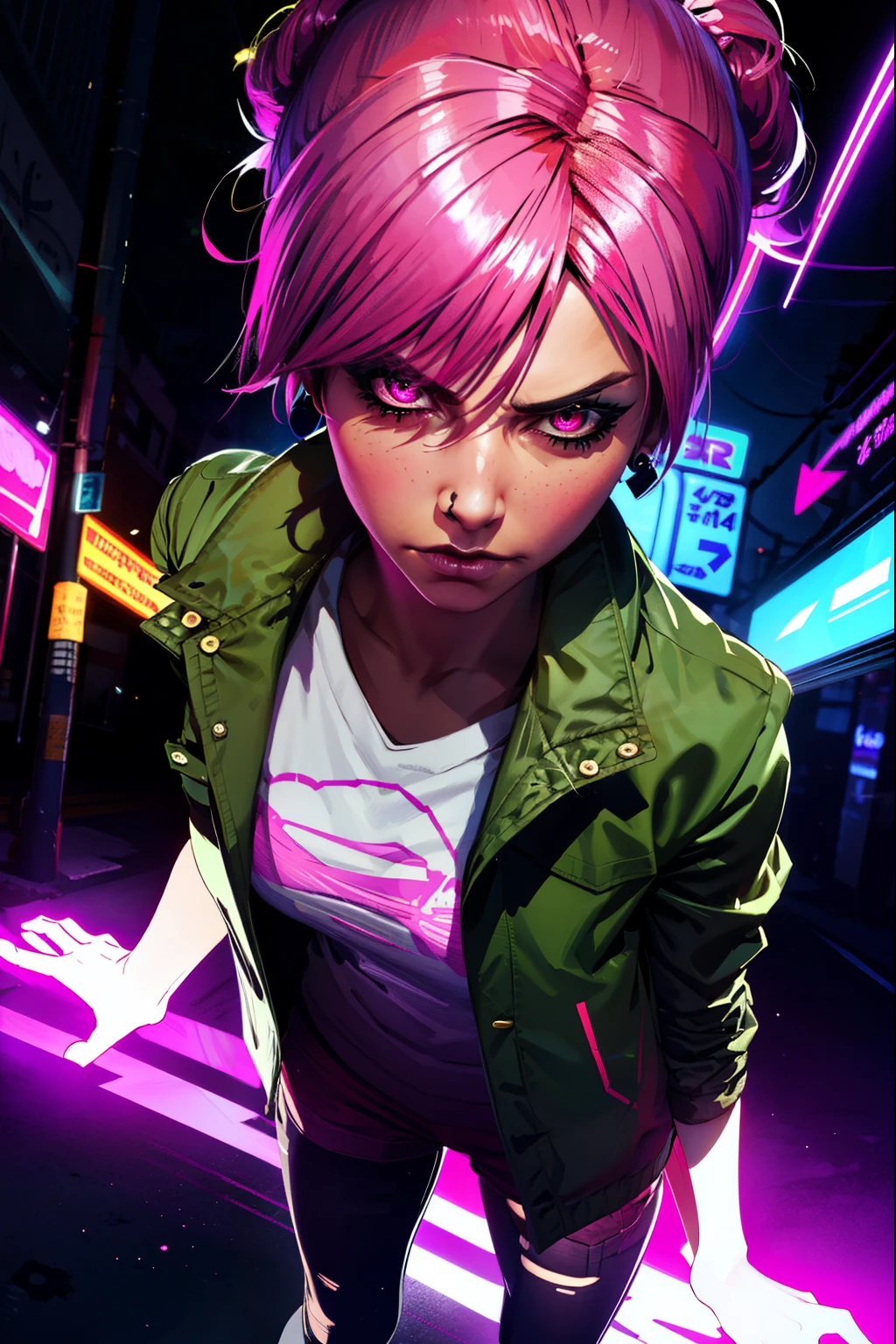 looking at viewer romantically, (extremely detailed CG unity 4k wallpaper),(best illustration),(best shadow),(absurdres), (simple background), fetchxl, multicolored hair,pink hair, pink glowing neon eyes, green jacket,white shirt with logo,shorts,earrings, standing, abandoned building interior,neon lights,night,nose ring, angry expression, medium breasts, Lithe figure, close up up face, POV Shot, pink neon powers,