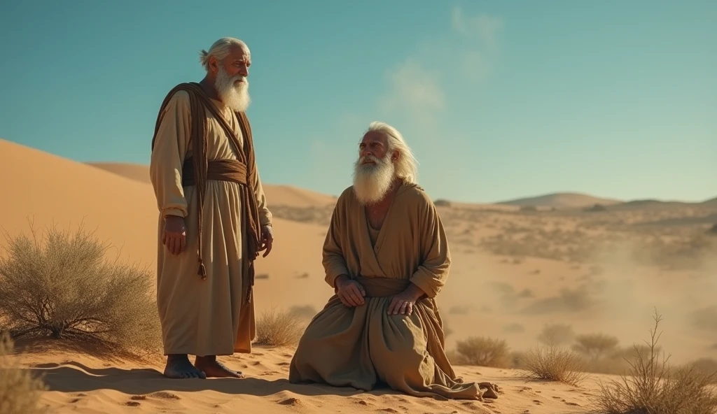 Biblical times、(((Three middle-aged men)))、is standing、((1st century))、((Ancient Israel))、Wasteland、full body Esbian、Talking、
