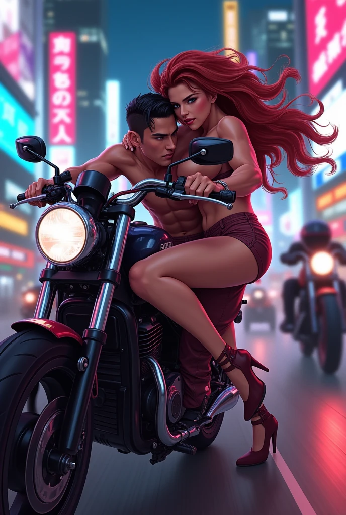 Black haired fit man without beard on a yamahaR6 motorbike talking to a girl with long brown hair 
