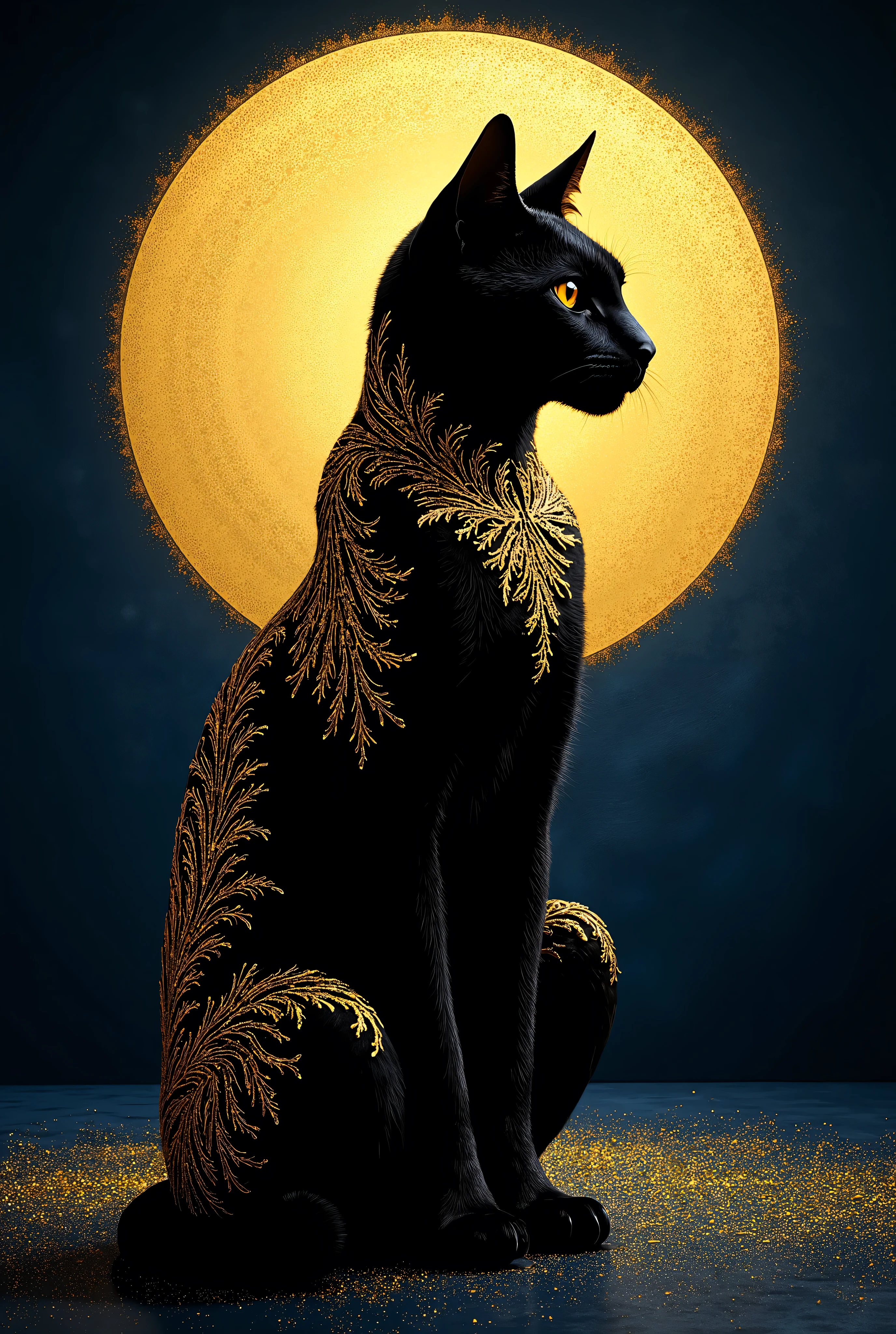 Contemporary luxury interpretation of the classic Le Chat Noir poster featuring a bold geometric black cat silhouette enhanced with art deco inspired golden filigree patterns along its profile set against a rich indigo velvet textured background with a perfect circular golden moon positioned precisely behind the cat's head creating a dramatic backlit effect captured in a striking frontal composition with theatrical spotlighting that creates dramatic shadows and highlights the metallic gold accents while maintaining the vintage cabaret spirit with subtle modern typography elements and delicate golden dust particles floating throughout the scene.