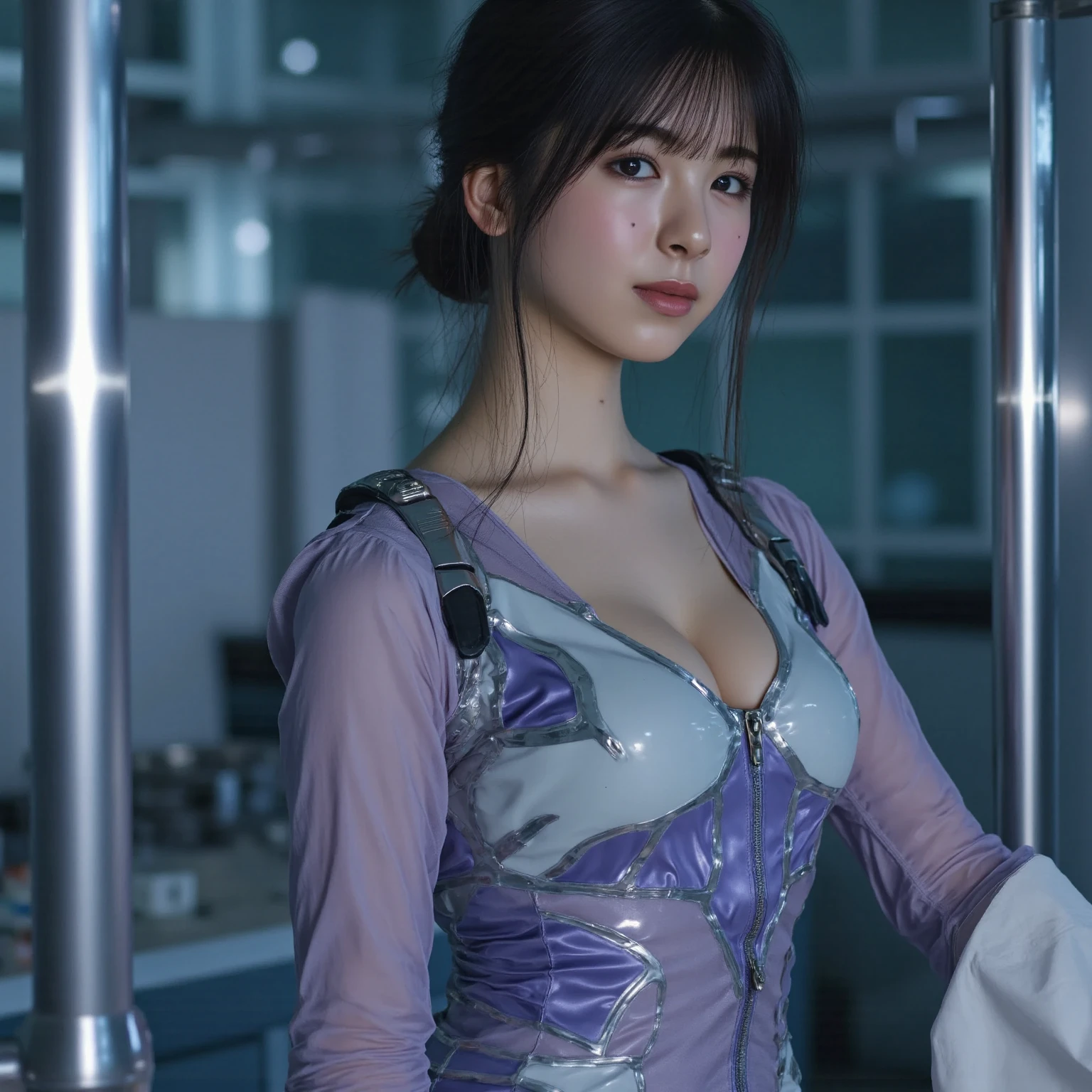 Upper body, side facing the viewer, ((full height raw photo)), beautifull detailed face,Blue eyes,Cyberpunk, Long hair, ((Translucent clothes)), super colorful space stars、planetes、Background with, super realistic and detailed, Concept art, Intricate details, Highly detailed, Photorealsitic, Octane Render, 8K,Cyborg style ,AI_misaki,future camisole,XXMix_girl