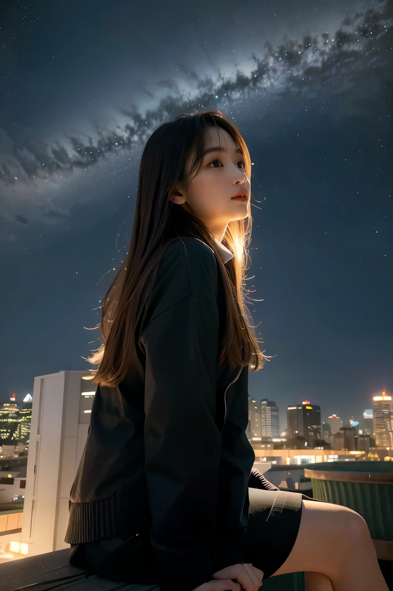 best quality, masterpiece, extremely detailed, detailed background, anime, 1girl, young girl, short girl, sci-fi, science fiction, outdoors, night, starry sky, greenhouse, megastructure, bio-dome, landscape, scenery, horizon, rooftop, sitting on rooftop, wind, looking away, atmospheric lighting, solo focus, close up, from side, depth of field, bokeh