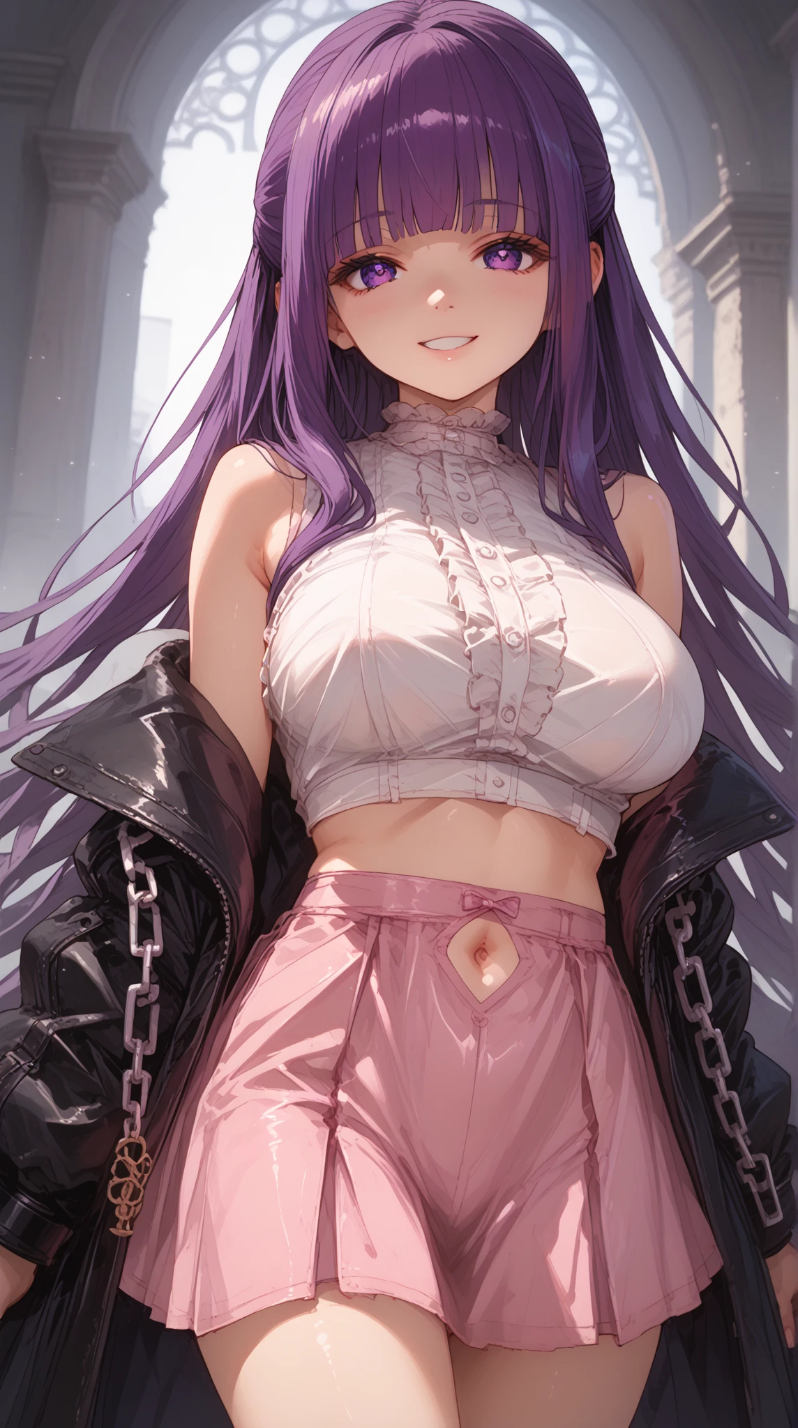 One girl, Blunt bangs, Braiding, Wide sleeves, hair ornaments, kimono, Red belt, (Purple Hair:1.2), Very long hair, Straight hair, View Viewer, Highly detailed background, (Photorealistic:1.2), Fine grain, Red eyeshadow, Depth of written boundary，thigh, (Ulzzang-6500:0.7), Upper Body, (alone:1.2), (Cyberpunk City:1.1), Cleavage, (Put your finger on your lips:1.1),Shiny skin
