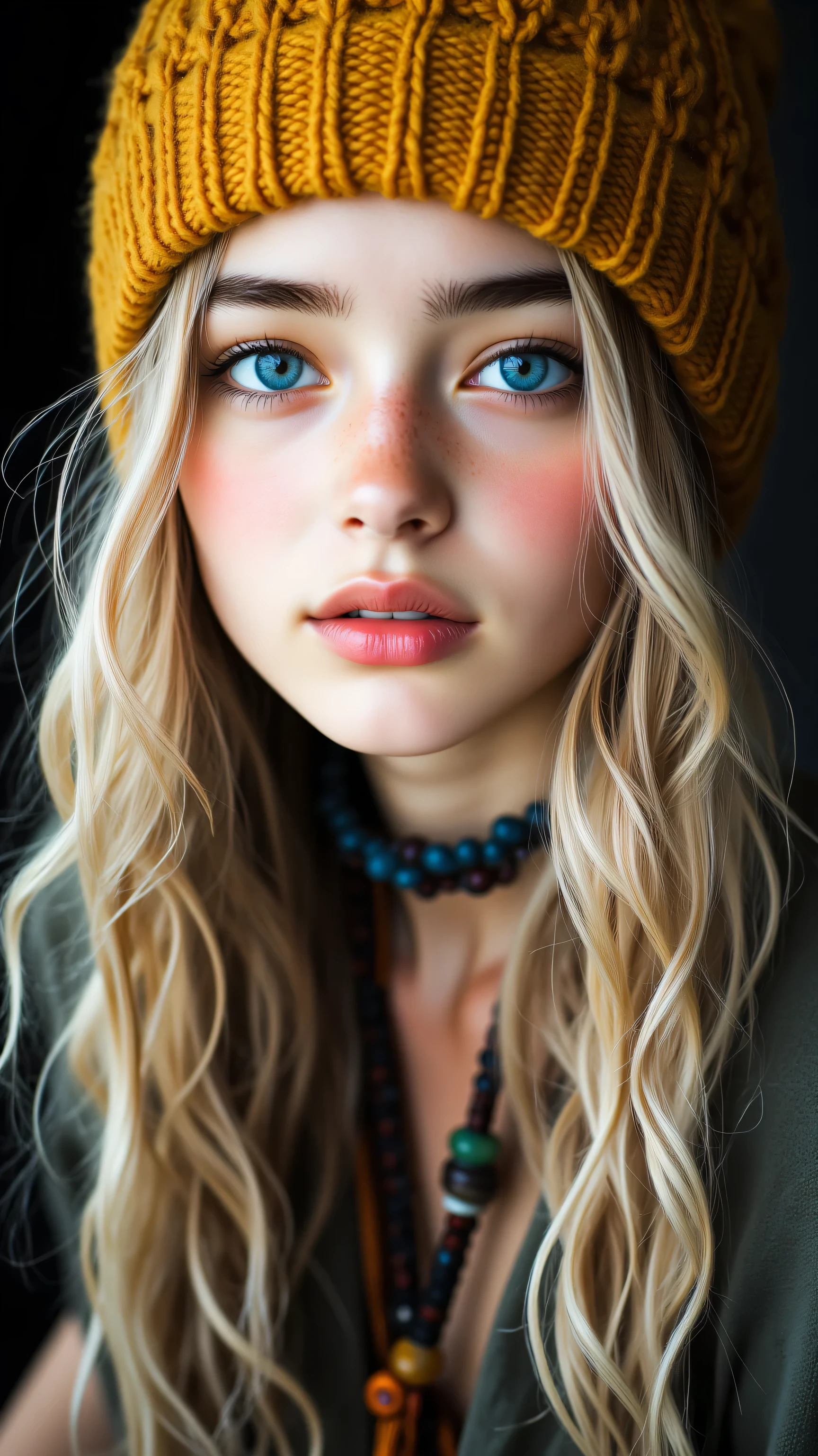 8k, Masterpiece, Top Quality, Close-up, frontal, eye-level, blonde, blue eyes, fair skin, neutral expression, mustard-yellow beanie, braided hair, woven accents, layered necklaces, bohemian, free-spirited, blurred, dark background.