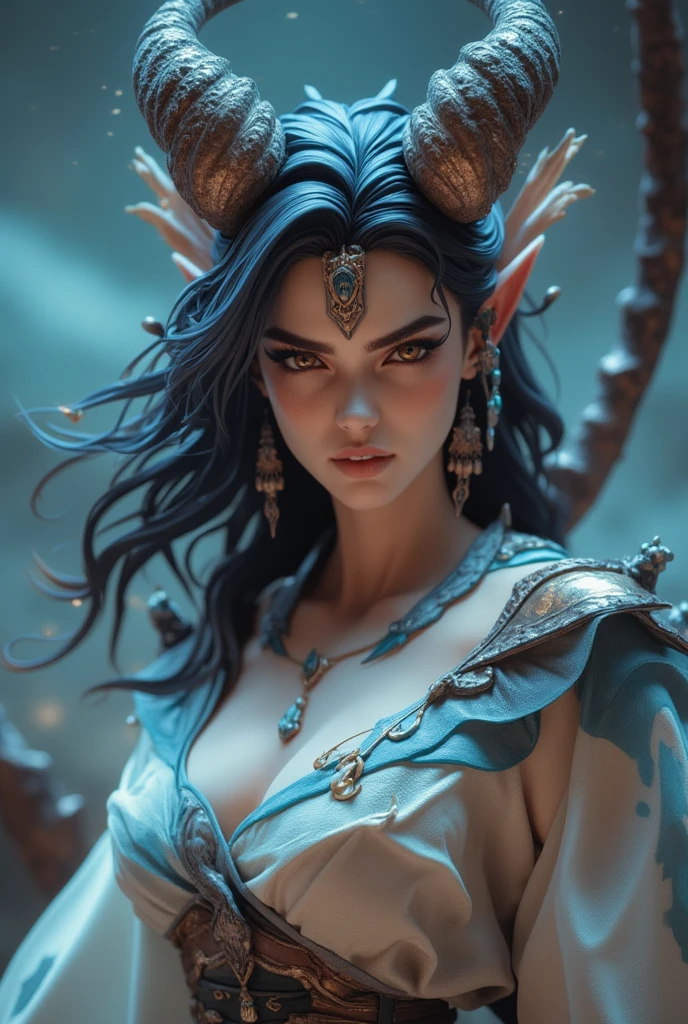 masterpiece, best quality, very aesthetic, absurdres, safe, 1girl, 3d render, oni horns, poity ears, dynamic pose