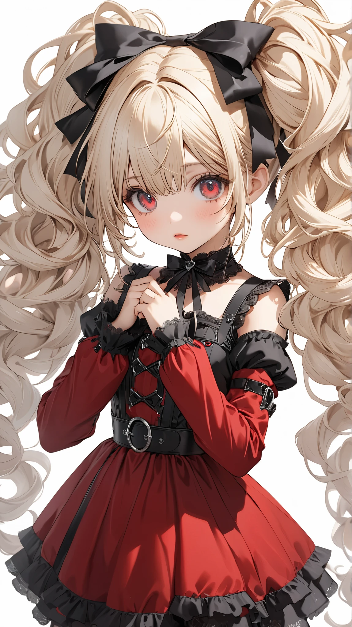 Gothic: 2.0, round face: 2.0, twin tails, curly hair: 2.0, cowboy shot: 2.0, extreme pose, white hair: 1.0, super long hair: 2.0, waist-length hair, Nordic: 1.0, beautiful girl, white background, cute, young, bare face, shiny hair, full body, tab best quality, figure, ultra detailed, finely detailed, high resolution, 8k wallpaper, perfect dynamic composition, detailed and beautiful eyes, blonde, natural color lips, white background, [standing cute random pose], [Gothic Lolita style bright red dress], [The color of the dress is bright red as the main color], [The color of the dress is bright red as the main color], [The black ribbon is cute], [The black ribbon is cute], [The black ribbon is cute], [The black ribbon is cute],