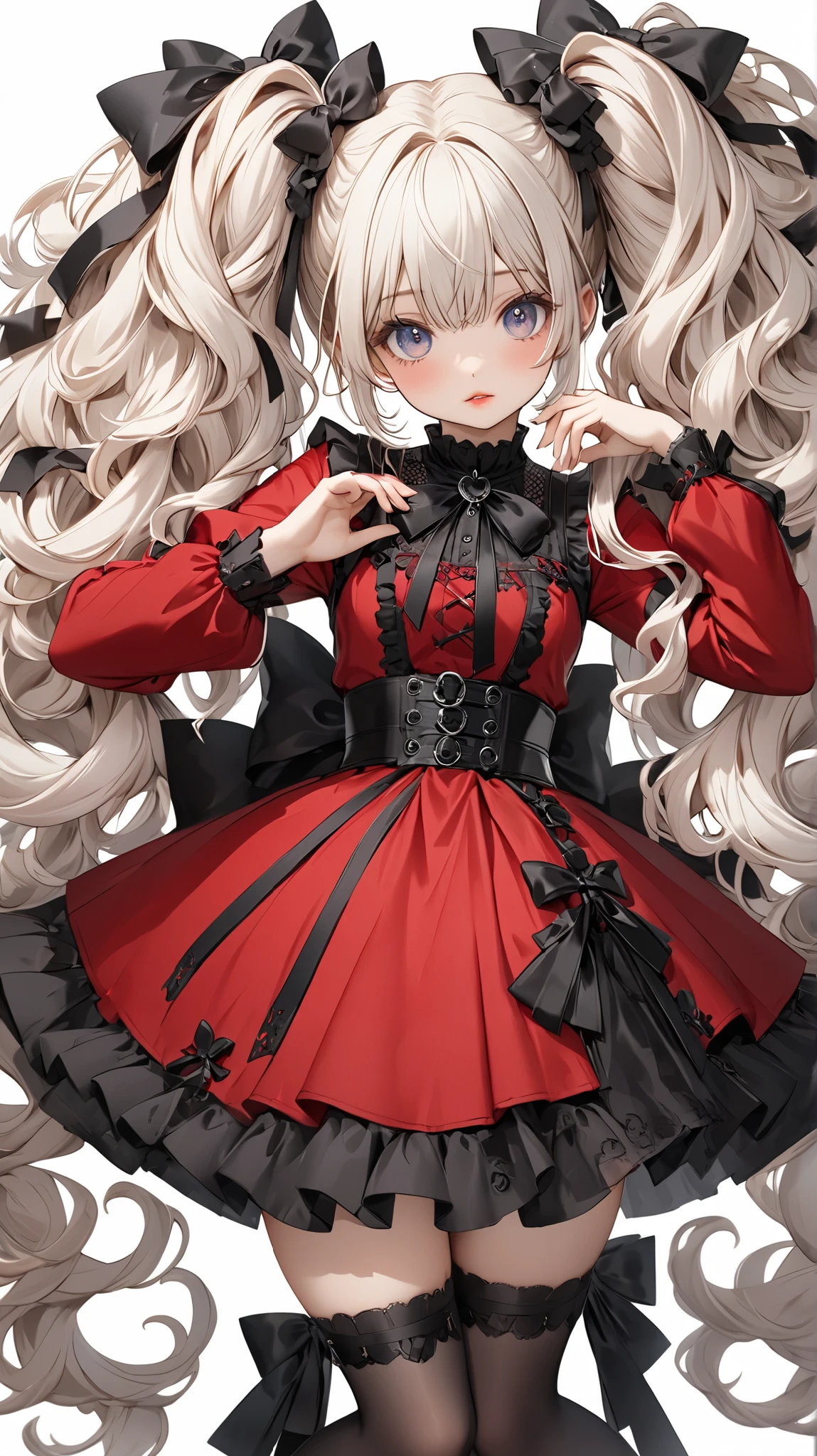 Gothic: 2.0, round face: 2.0, twin tails, curly hair: 2.0, cowboy shot: 2.0, extreme pose, white hair: 1.0, super long hair: 2.0, waist-length hair, Nordic: 1.0, beautiful girl, white background, cute, young, bare face, shiny hair, full body, tab best quality, figure, ultra detailed, finely detailed, high resolution, 8k wallpaper, perfect dynamic composition, detailed and beautiful eyes, blonde, natural color lips, white background, [standing cute random pose], [Gothic Lolita style bright red dress], [The color of the dress is bright red as the main color], [The color of the dress is bright red as the main color], [The black ribbon is cute], [The black ribbon is cute], [The black ribbon is cute], [The black ribbon is cute],