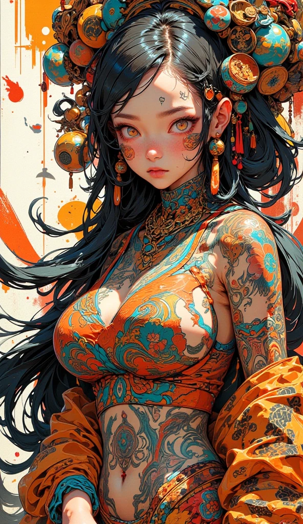 Textures: 1.5, orange and blue: 1.1, white: 1.3, yellow and blue: 1.3, (redhead woman), sexy, tattoos, (power puffer clothes: 1.2), 3d graffitti, abstract, lines, background circles, by Adam Hughes, art by Jay Anacleto,Paint Splatters, (Beautiful Spiral Paint Swirls), by Jeremy Mann, By Sandra Chevrier, vivid contrasting colors, chromatic abberation,black hair fused with platinum and gold, naked girl, beautiful visible pubic area, pink pesones, small breasts in sight,walls with oriental mandala graffiti drawing, walls with graffiti drawings, floor stained with paint, girl with mandala tattoo and flowers, slight smile,tattoo on naked body, cute naked girl tattooed with mandala, black and orange hair, against orange and blue light, floating antique clock, lantern with orange light, candle with blue light,