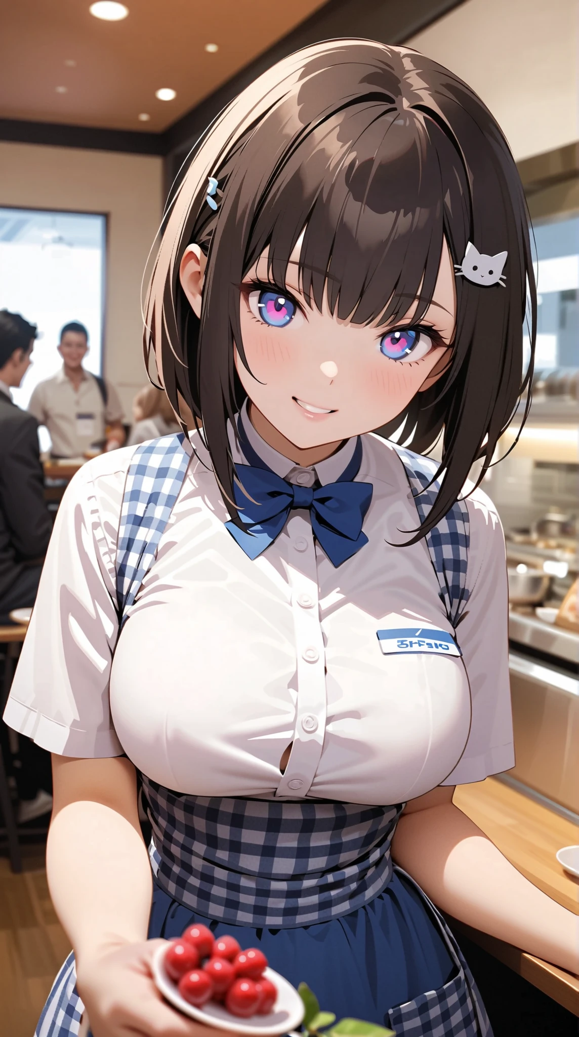 Beauty: 1.3),One person,masterpiece, Highest quality, Ultra-high resolution,Rich contrast,super high quality,8k,Highly detailed CG unit wallpaper,texture,Unbelievably absurd,Ultra-high resolution,RAW Photos,Depth of Field 1.2,crew, blue bow, blue bowtie, white shirt, short sleeves, blue skirt, blue apron, gingham apron, employee uniform, high-waist skirt, waitress,(Brown Hair,Sharp bob,Berry Short),happy,Very fine eye,bigeyes,looking pleasured, (Perfect hands, Perfect Anatomy),Glowing Skin,Cute cat hairpin,restaurant,,Beautiful glossy lips,pinup,((extreme close-up)),light smile,(Large Breasts:1.5),