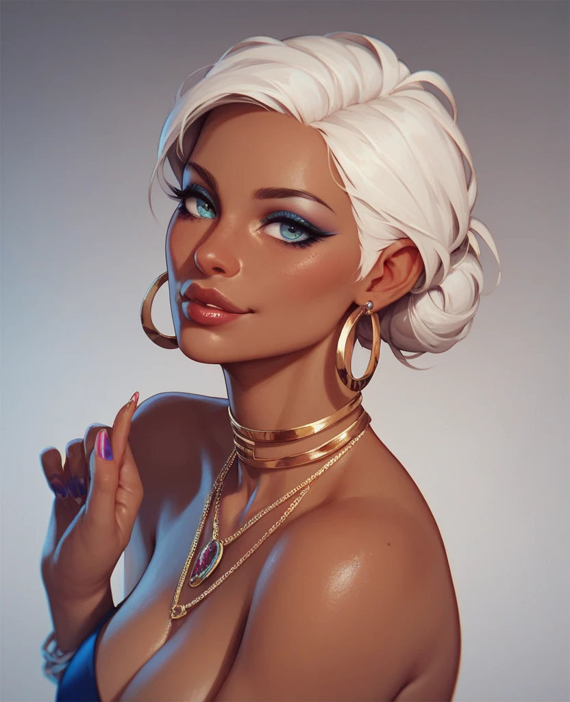 Chalk Pastels, Environmental, Pixie Village, Obese Croatian woman female with Ebony complexion, Square face, Natural jawline, Ski slope nose , Platinum hair, Enigmatic eyes, Neat eyebrows, eye lashes, small iris, closed lips,Peachy cheeks, Chin dimple, Muted lips, Gold leaf gilding, Balanced, Grayscale, intricate detail, masterpiece, 8k, uhd, absurdres, style of Benedick Bana, style of George Hurrell, featured on ConceptArt,