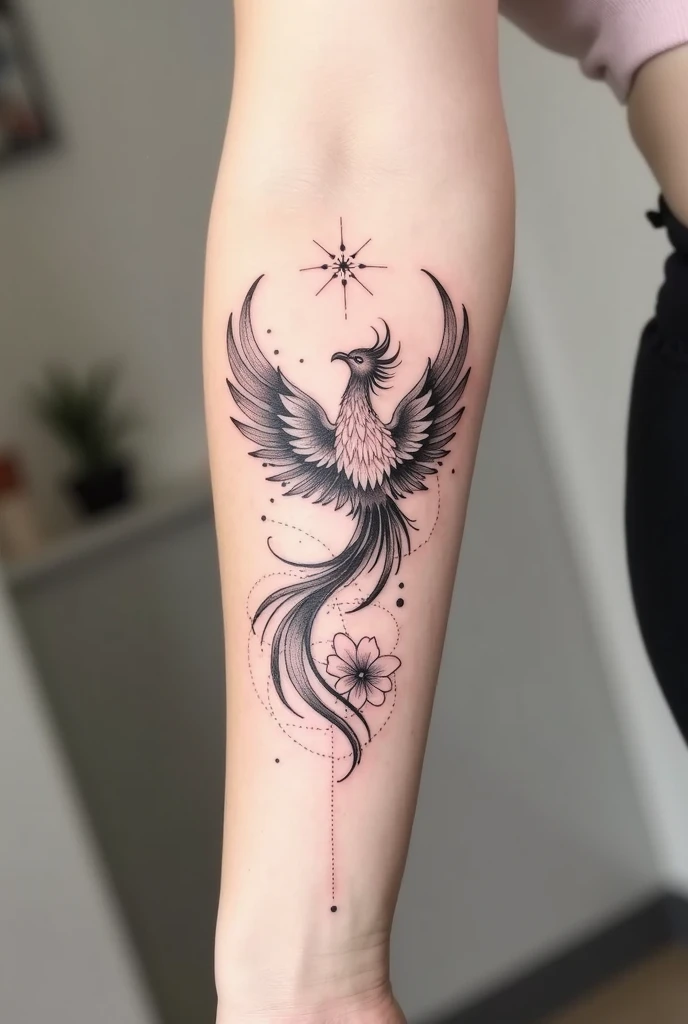 Delicate black and white female tattoo of a phoenix bird with a four-leaf clover in its paws