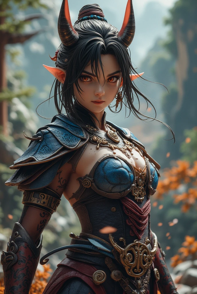 masterpiece, best quality, very aesthetic, absurdres, safe, 1girl, 3d render, oni horns, poity ears, dynamic pose, samuria armor, photorealistic, 8k, 4k,