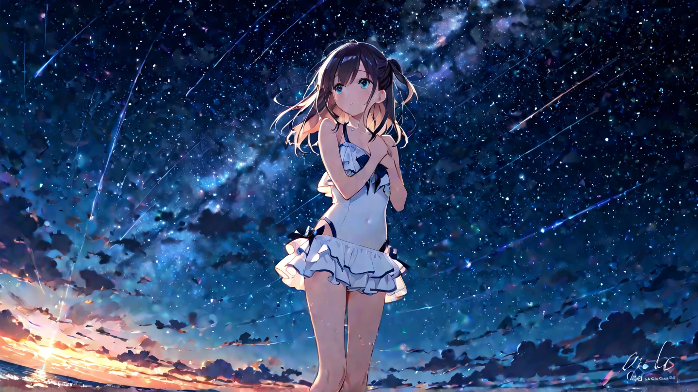 ((masterpiece, Highest quality)), At night, Light clothing, girl, Put one foot in the sea using only your toes, girl standing, girl sideways, girl between the horizon and the sea, Side view, Ripples spread from my toes, The scene is about 20 metres away., On the Sea, At night, the whole scene is shining, There is a meteor shower