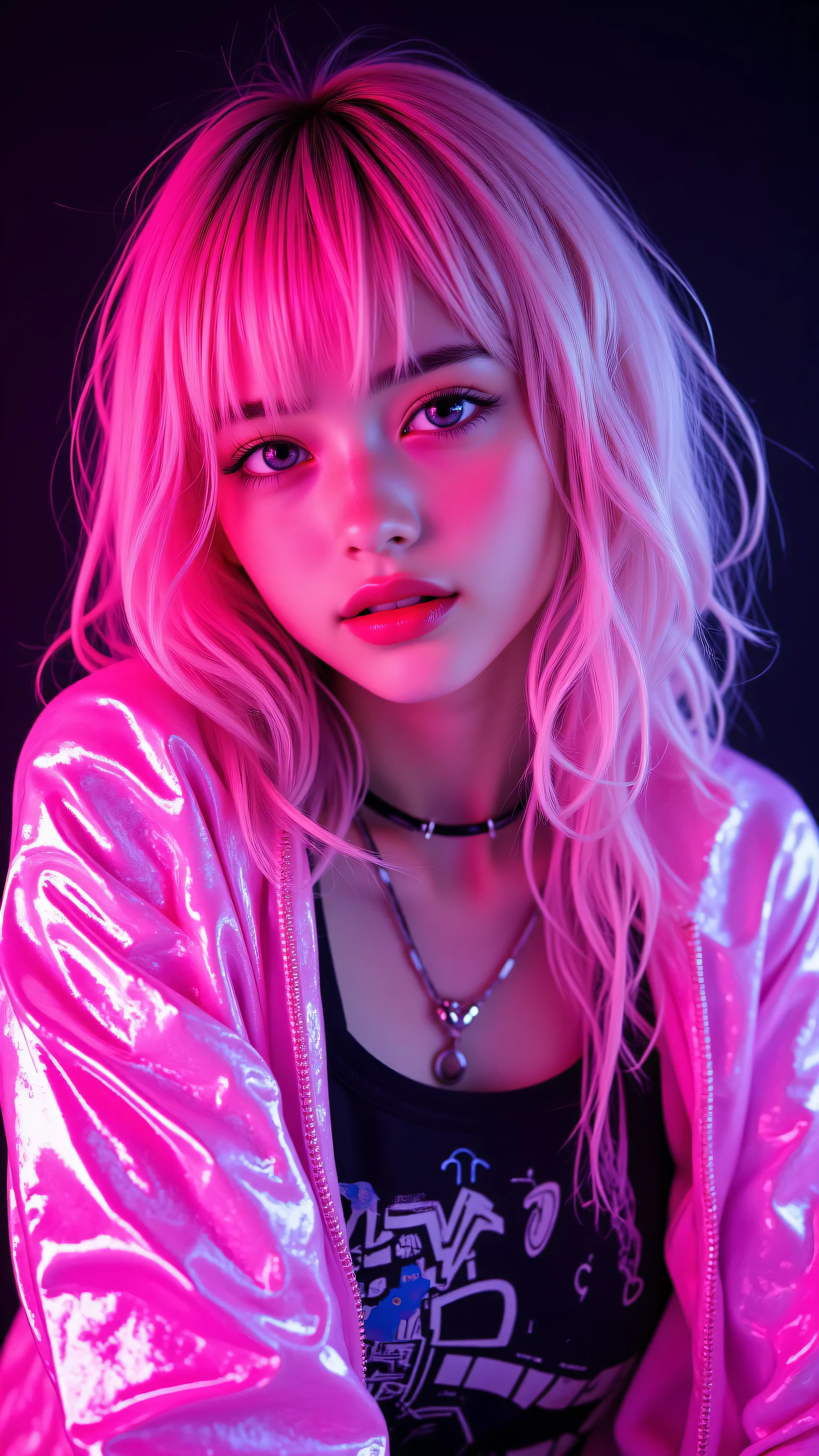 8k, Masterpiece, Top Quality, Close-up, frontal, slightly low-angle, pale skin, large eyes, pink hair, blunt bangs, friendly smile, shiny pink jacket, iridescent, metallic, long sleeves, dark graphic top, silver jewelry, earrings, choker, chains, ring, dark background, neon pink, purple lights, futuristic, cyber-punk