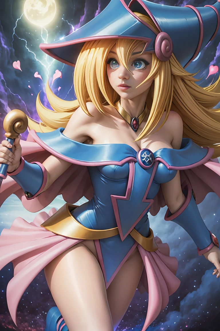 ultra-detailed, extremely detailed, masterpiece, highest quality, best quality, absurdres, highres, dark magician girl, (1girl:1.2), solo, detailed face, dynamic pose, hair flow, (full body:1.1),  blonde hair, long hair, looking at viewer, green eyes, skindentation, detailed skin, skin pores, (shiny skin, glossy skin:1.1), rosy skin details, breasts, nail polish, skirt, blue footwear, blue headwear, wizard hat, wand, holding hat, (blue panties:0.9), (summoning circle:1.1), hexagram, pentacle, pentagram, yu-gi-oh!, duel monster, purple magic field, glow, detailed background, intricate background,