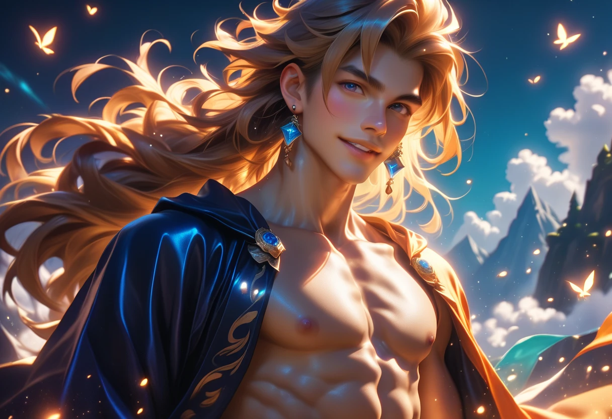 Create a Lion-Like Man, de terno azul, com terno colado, gravata desalinhada, fundo celestial, galaxy, camisa colada transparente corpo trincado