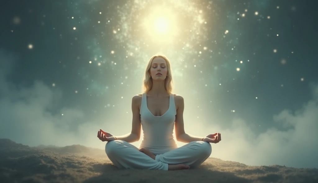 a person sitting in a meditation position, surrounded by a soft light, transmitindo calma e serenidade.