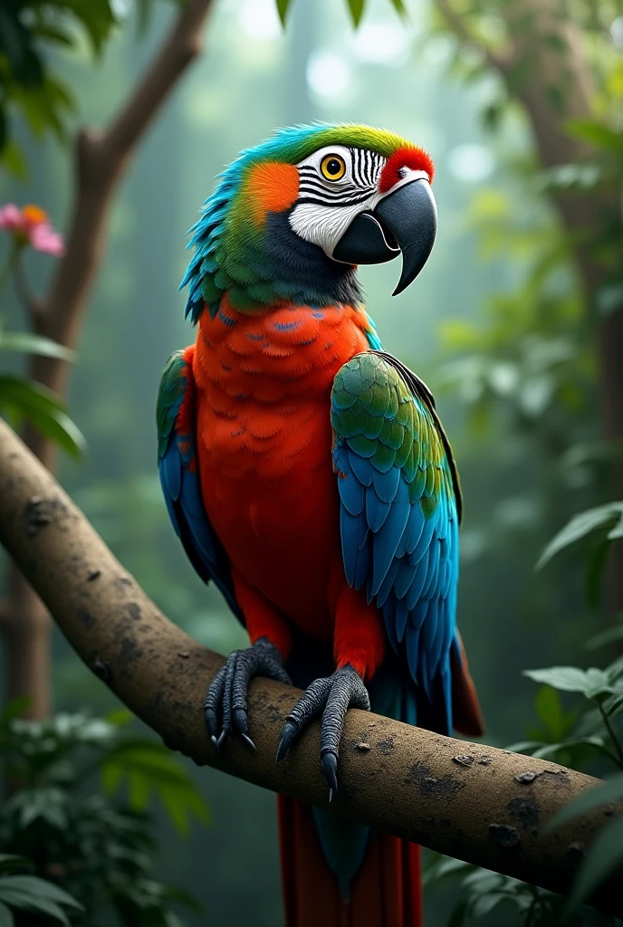 cinematic photo of a majestic tropical parrot, with intricate feathers and piercing eyes, tropical forest at background