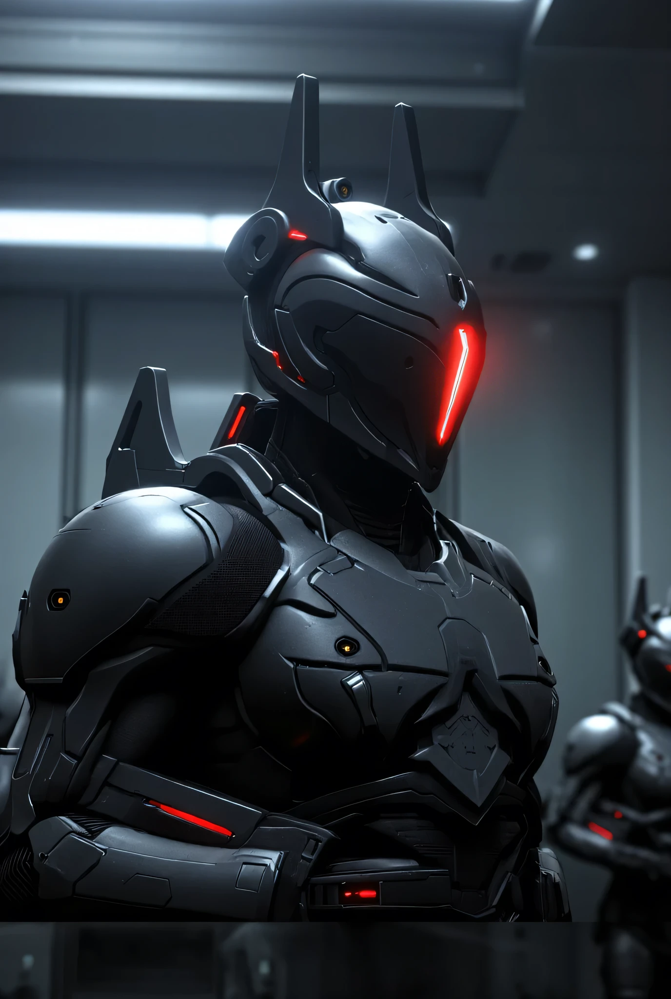Futuristic senior officers in massive black and matt high-tech armor and exoskeleton(with rare red diodes), Their helmet is designed in a high-tech style with a narrow, thin visor like a scarlet knight and built-in infrared sensors, they are holding a massive laser gun with a bright red muzzle and an advanced sight, preparing for battle, Conceptual Style (concept art), semi-profile, cinematic lighting, 8k, hyper-realistic, intricate detailing, sharp focus, neutral background, fully measured full-length photo, several military guards are standing and defending their positions and an armored freight elevator in the lab, special forces