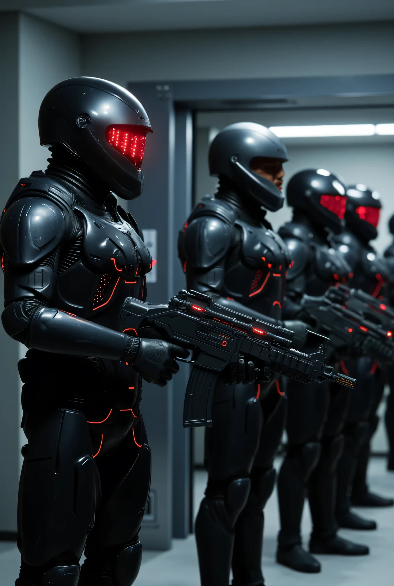 Futuristic senior officers in massive black and matt high-tech armor and exoskeleton(with rare red diodes), Their helmet is designed in a high-tech style with a narrow, thin visor like a scarlet knight and built-in infrared sensors, they are holding a massive laser gun with a bright red muzzle and an advanced sight, preparing for battle, Conceptual Style (concept art), semi-profile, cinematic lighting, 8k, hyper-realistic, intricate detailing, sharp focus, neutral background, fully measured full-length photo, several military guards are standing and defending their positions and an armored freight elevator in the lab, special forces