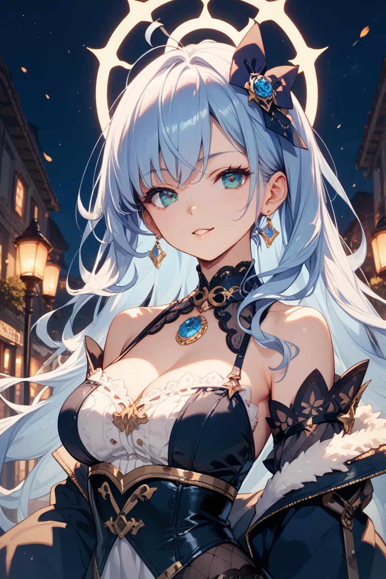 masterpiece, best quality, illustration, (dynamic lighting:1.2), cinematic lighting, reflection, delicate facial features, detailed eyes, ultra-detailed eyes, sharp pupils, star-shaped pupils, realistic pupils, depth of field, bokeh, glitter, glitter, glistening, sharp focus, (hyper-detailed, bloom, glow:1.4), exceptional beauty, alluring face, cute look, multicolored hair, white-ish purple hair, shining hair, red hair strands, ponytail, high ponytail, enchanting purple eyes, two-tone colored eyes, blue eyes, shiny, sparkle, sparkling, elegance, royal, princess dressing, princess, crown, tiara, jewelry, ornaments, delicate features, 1girl, solo focus, medium full shot, white skin, intense bright, absurdres, high-res, ultra-detailed, large breasts, huge breasts, perfect breasts, hair ornaments, earrings, perfect arms, perfect hands, perfect fingers, perfect body, perfect, embarrassing, blushing, smiling, angelic, lunar, new year, lunar new year background, dragon, fireworks, night market background, lantern, expert shading, extreme light effects, intense bright, glare, sharp eyelash, red lips, dynamic pose, no exposure, no exposing, no exposed,
