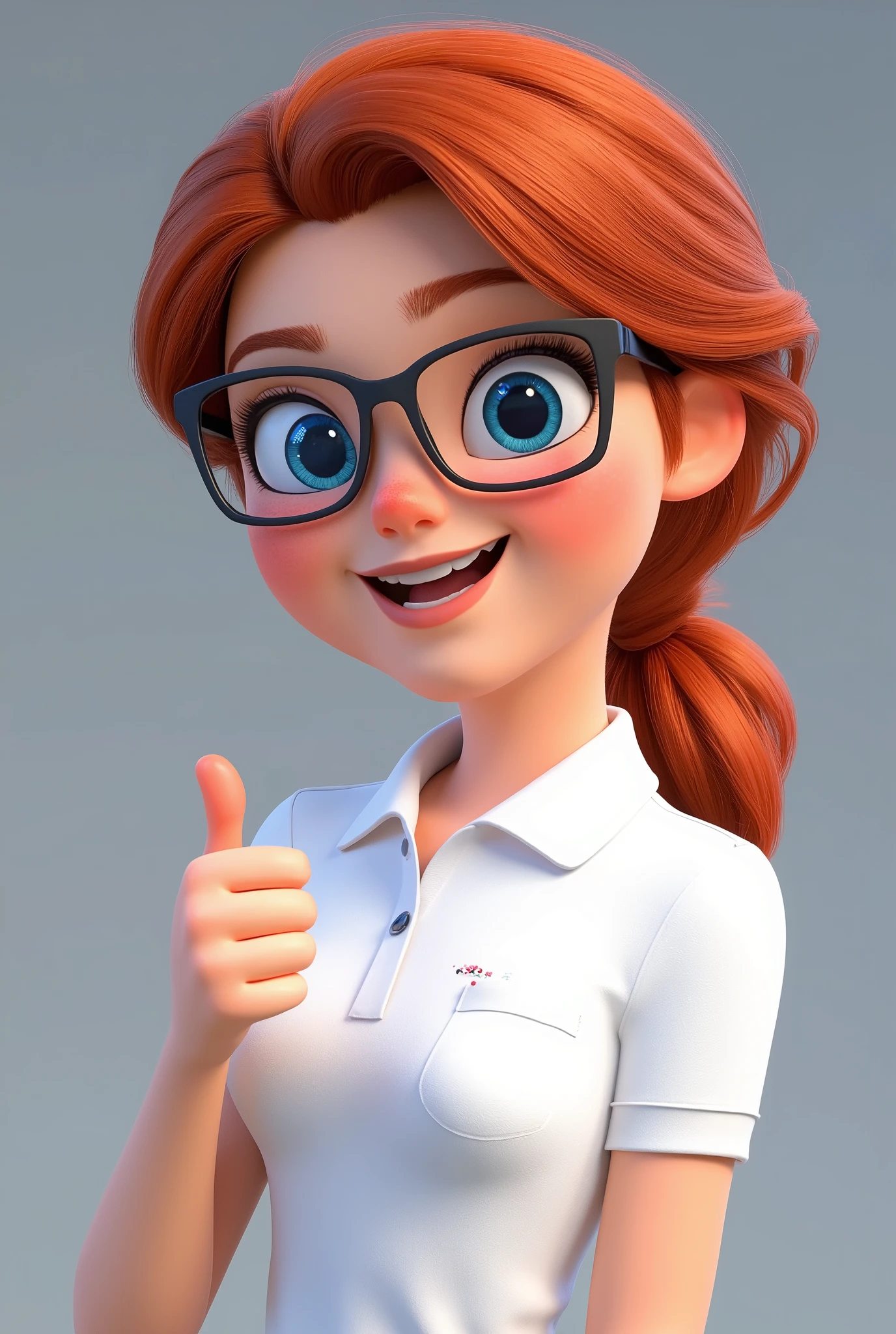 A woman of approximately 18 years old, with white skin and red hair, blue eyes, wearing prescription glasses dressed in a white polo collar with a pocket without details on the chest, making a thumbs up, Pixar style, 8k image

