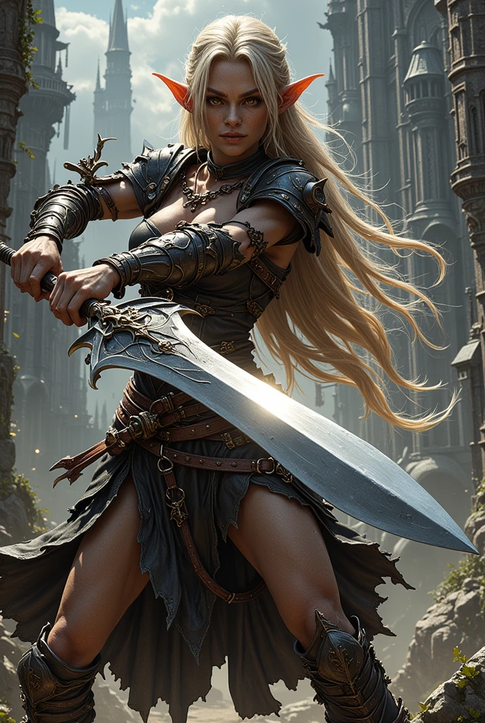 Over the shoulder view of A female warrior elf holding a huge sword ...
