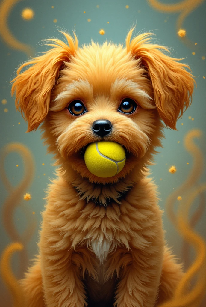 "A highly stylized and imaginative portrait of a beegol dog with a tennis ball in its mouth.