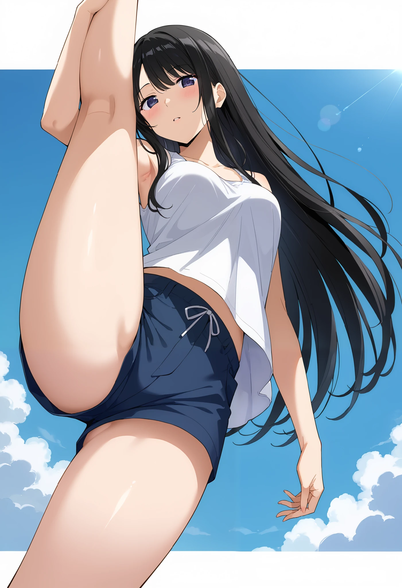 girl, full body,magician, blue sky, white cloud, symmetrical eyes, (beautifully detailed body, face, eyes), (slim body), (slender body), (best hair:1), black hair, messy hair, long hair blowing in the wind, (detailed facial features), perfect face, soft face, detailed clothes, bikini,