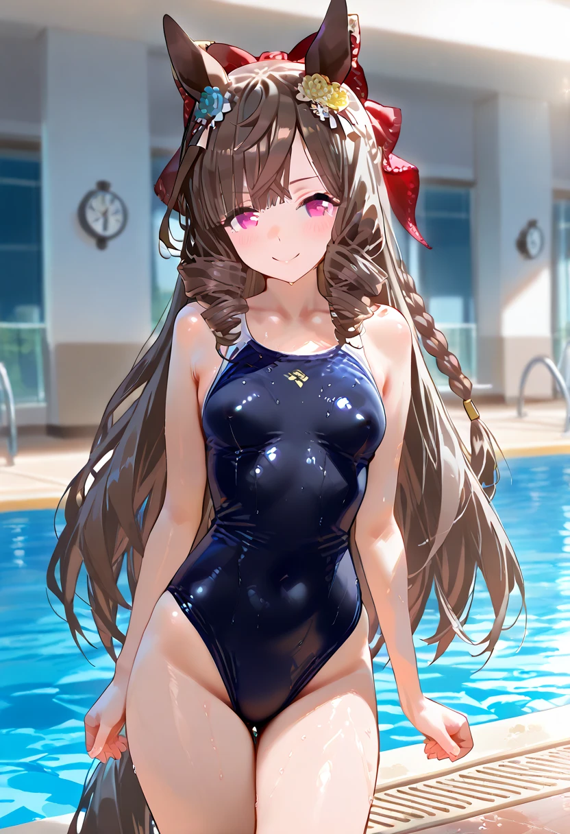 ((masterpiece)), ((best quality)), (ultra-detailed), ((kawaii)), cute, (lovely), illustration, anime style, 1girl, cute girl, solo, full body, full body focus, School poolside, outdoor, (beautiful eyes), beautiful straight hair, long hair, slim, slender, medium breast, (Dark blue school swimsuit), seductive smile, dynamic pose, (happy expression:1.2), (light rays:1.3).