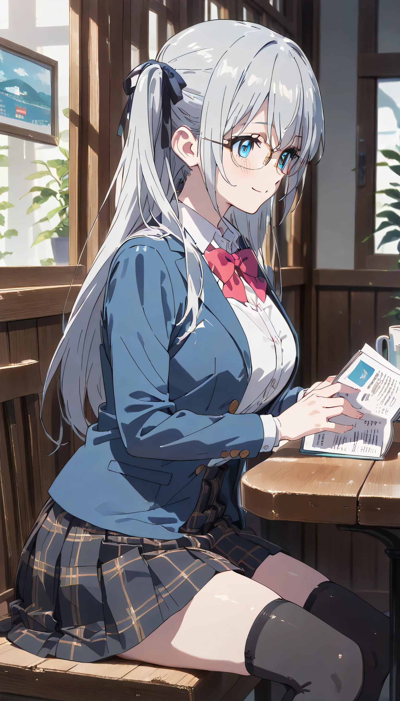 ((ultra-detailed)), (highly detailed CG illustration), (best quality:1.2), ultra-highly detailed, colorful composition, artistic photoshoot, 1girl, solo focus, ((thigh to top:1.4)), ((cowboy shot:1.4)), moe anime character, 20 years old girl, dainty facial structure, (), (round face), ((rounded chin:1.2)), ((ideal ratio body proportions)), blue eyes, ((wearing glasses:1.4)), ((round eyewear:1.4)), ((silver hair color)), ((two side up)), ample breast, school uniform, navy blue blazer, modern style with fitted jacket, red neck bow, long sleeves white frilled shirt, navy blue pleated skirt, and black high socks, ((smile:1.4)), ((happy:1.4)), ((joyful:1.4)), ((sit on the cafe terrace:1.4)), ((reading a novel:1.4)), from side, best quality, masterpiece, expecting, pink cheek, blush, light pink gloss slip, portrait, depth of field, poured sunlight, sidelighting, (shine), lighting, caustics, ray tracing, perfect face, lustrous skin, highly detailed face, highly detailed eyes, perfect face, perfect nose, perfect hair, perfect eyes, perfect anatomy, beautiful hair, beautiful small face, extremely detailed face, beautiful detailed eyes, beautiful clavicle, beautiful body, beautiful huge breasts, leavage, breasts squeezed together, equalize the size of the left and right breasts, beautiful thin thighs, beautiful legs, beautiful fingers, 4 fingers, 1 thumb, lovely, (very detailed background:1.0), (highly detailed background:1.0), intricate details, joyful atmosphere, colorful and sparkling colors palette, chromatic aberration