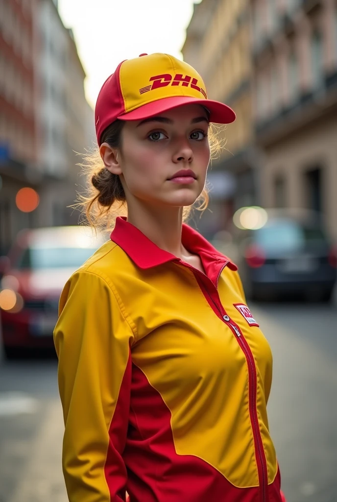 <lora:Klara_Smetanova_V1_-_SDXL:1> female 1girl collarbone shoulders cleavage wearing DHL Deliverer clothes, DHL cap, DHL-car in background, german town in background, she is delivering a yellow DHL-package, hands holding the package, DHL-Logo on the yellow DHL-package, DHL-writen on the package, beautiful, 5 fingers in each hand, she carry a DHL-package, she delivers a DHL-package,
detailed, photography, sharp focus, realistic, real, RAW, photography, photo,