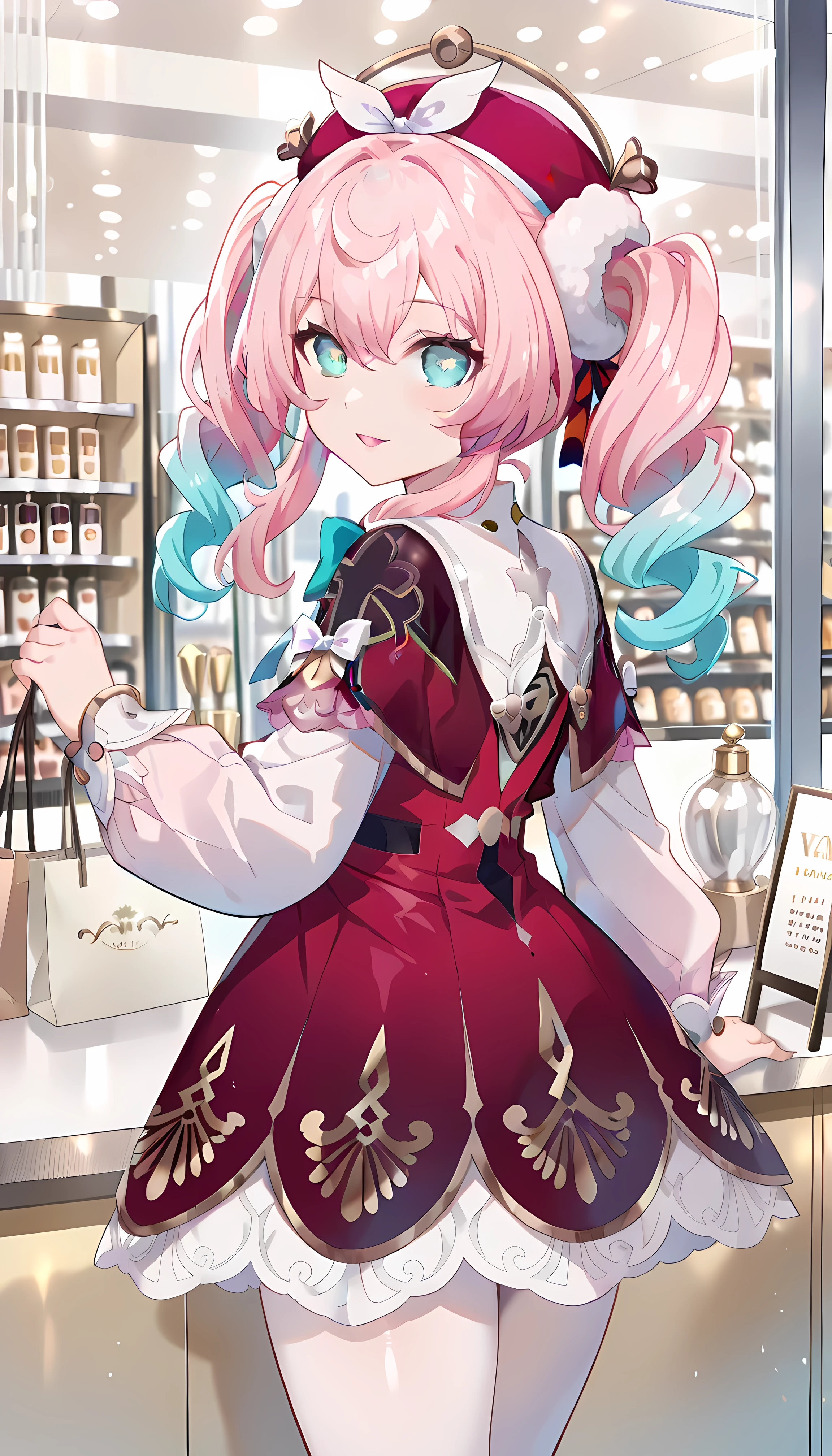 score_9, score_8_up, score_7_up, BREAK source_anime, ( masterpiece), (top quality), hyacine \(honkai star rail\), 1girl , pink hair, Alone, twintails, multicolored hair, dress, long sleeves, red headwear, pantyhose, gradient hair, white pantyhose, looking at viewer, hat, long hair, bow, red dress, hair between eyes, aqua eyes, puffy sleeves, parted lips, blue hair, sidelocks, puffy long sleeves, bowtie,Shiny Eyes , beautiful eyes, fascinating, erotic, shiny skin thighs, sexy, shining eyes, (Cute Illustrations:1.3), ( high chroma:1.3), detailed beautiful face and eyes, Dynamic Lighting,, masterpiece,top quality, great quality, anime-like eyes, stare at viewers with their left bangs hanging down,,ray tracing,, extremely detailed background description, from behind, looking back, Date in the city,smile, window shopping in department stores in Tokyo,walk