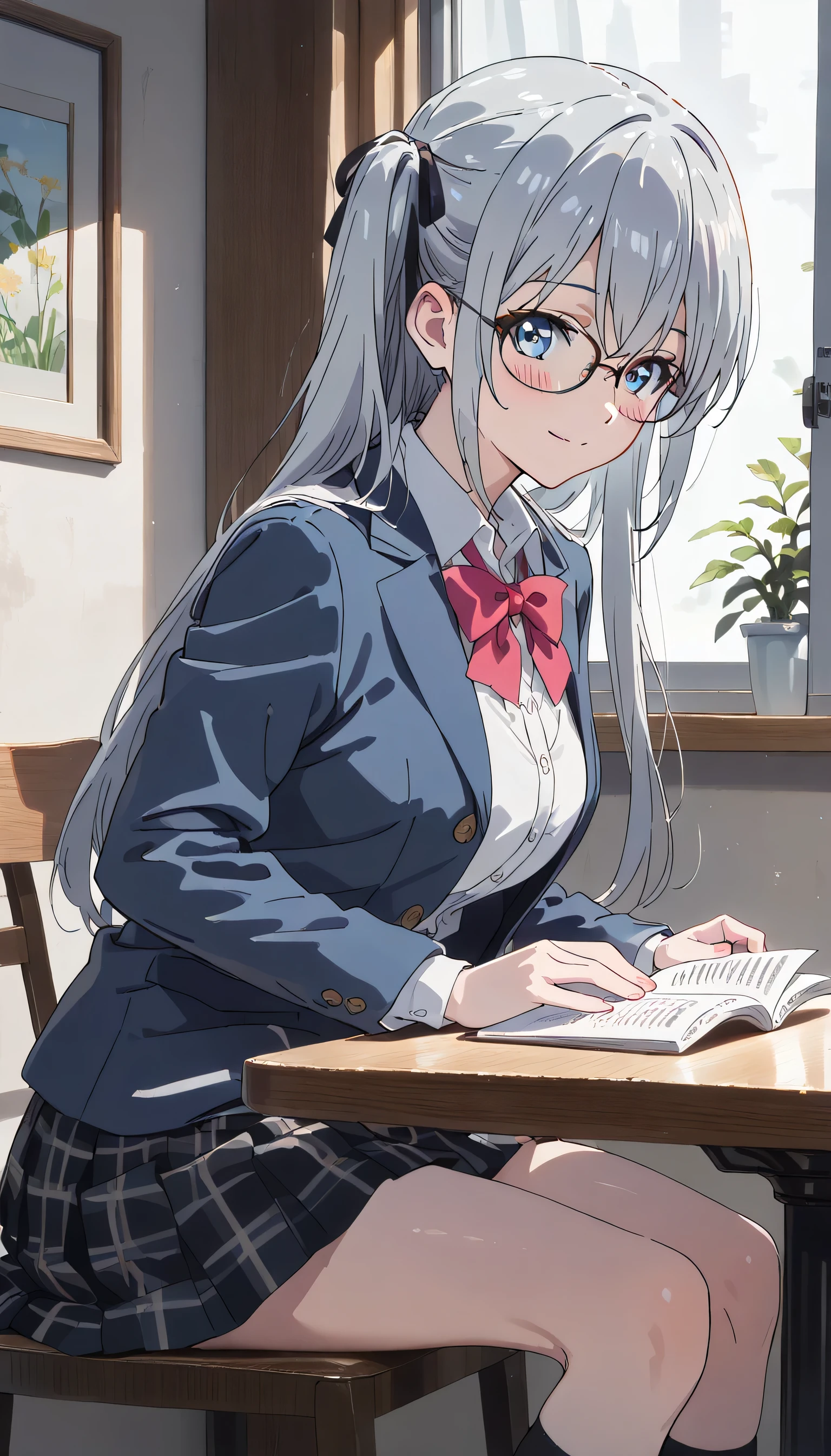 ((ultra-detailed)), (highly detailed CG illustration), (best quality:1.2), ultra-highly detailed, colorful composition, artistic photoshoot, 1girl, solo focus, ((thigh to top:1.4)), ((cowboy shot:1.4)), moe anime character, 20 years old girl, dainty facial structure, (), (round face), ((rounded chin:1.2)), ((ideal ratio body proportions)), blue eyes, ((wearing glasses:1.4)), ((round eyewear:1.4)), ((silver hair color)), ((two side up)), ample breast, school uniform, navy blue blazer, modern style with fitted jacket, red neck bow, long sleeves white frilled shirt, navy blue pleated skirt, and black high socks, ((smile:1.4)), ((happy:1.4)), ((joyful:1.4)), ((sit on the cafe terrace:1.4)), ((reading a novel:1.4)), from side, dynamic pose, contrapposto pose, best quality, masterpiece, expecting, pink cheek, blush, light pink gloss slip, portrait, depth of field, poured sunlight, sidelighting, (shine), lighting, caustics, ray tracing, perfect face, lustrous skin, highly detailed face, highly detailed eyes, perfect face, perfect nose, perfect hair, perfect eyes, perfect anatomy, beautiful hair, beautiful small face, extremely detailed face, beautiful detailed eyes, beautiful clavicle, beautiful body, beautiful huge breasts, leavage, breasts squeezed together, equalize the size of the left and right breasts, beautiful thin thighs, beautiful legs, beautiful fingers, 4 fingers, 1 thumb, lovely, (very detailed background:1.0), (highly detailed background:1.0), intricate details, joyful atmosphere, colorful and sparkling colors palette, chromatic aberration