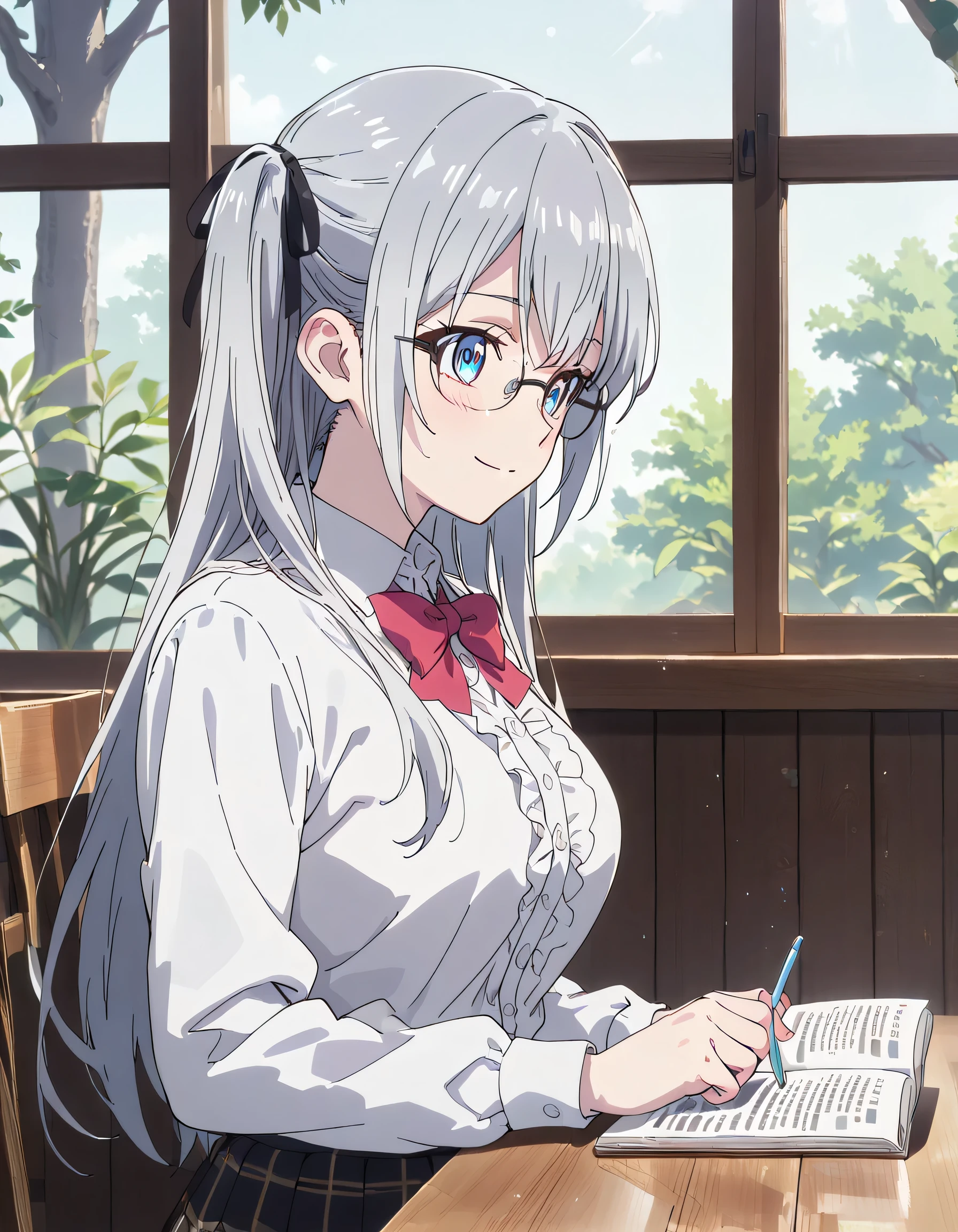 ((ultra-detailed)), (highly detailed CG illustration), (best quality:1.2), ultra-highly detailed, colorful composition, artistic photoshoot, 1girl, solo focus, ((upper body:1.4)), moe anime character, 20 years old girl, dainty facial structure, (), (round face), ((rounded chin:1.2)), ((ideal ratio body proportions)), blue eyes, ((wearing glasses:1.4)), ((round eyewear:1.4)), ((silver hair color)), ((two side up)), ample breast, school uniform, navy blue blazer, modern style with fitted jacket, red neck bow, long sleeves white frilled shirt, navy blue pleated skirt, and black high socks, ((smile:1.4)), ((happy:1.4)), ((joyful:1.4)), ((sit on the cafe terrace:1.4)), ((reading a novel:1.4)), from side, dynamic pose, contrapposto pose, best quality, masterpiece, expecting, pink cheek, blush, light pink gloss slip, portrait, depth of field, poured sunlight, sidelighting, (shine), lighting, caustics, ray tracing, perfect face, lustrous skin, highly detailed face, highly detailed eyes, perfect face, perfect nose, perfect hair, perfect eyes, perfect anatomy, beautiful hair, beautiful small face, extremely detailed face, beautiful detailed eyes, beautiful clavicle, beautiful body, beautiful huge breasts, leavage, breasts squeezed together, equalize the size of the left and right breasts, beautiful thin thighs, beautiful legs, beautiful fingers, 4 fingers, 1 thumb, lovely, (very detailed background:1.0), (highly detailed background:1.0), intricate details, joyful atmosphere, colorful and sparkling colors palette, chromatic aberration