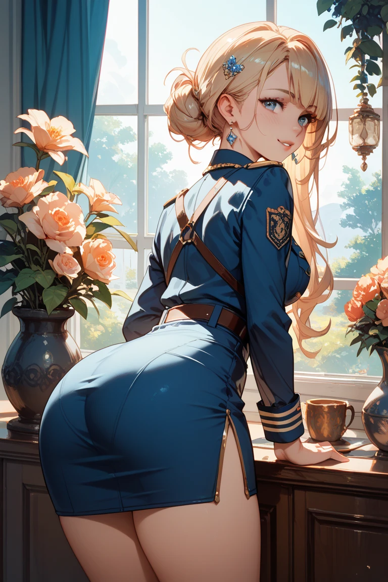 (ultra detailed),(masterpeace),(best quality), beautiful lighting,CG,(colour:1.2),outdoors, park, solo,  <lora:hood_azurlaen_V1:0.8>,
hood \(azur lane\),blonde hair,blue eyes,black pantyhose,dress,earrings,gloves ,jewelry,long skirt,shoes,blue coat,