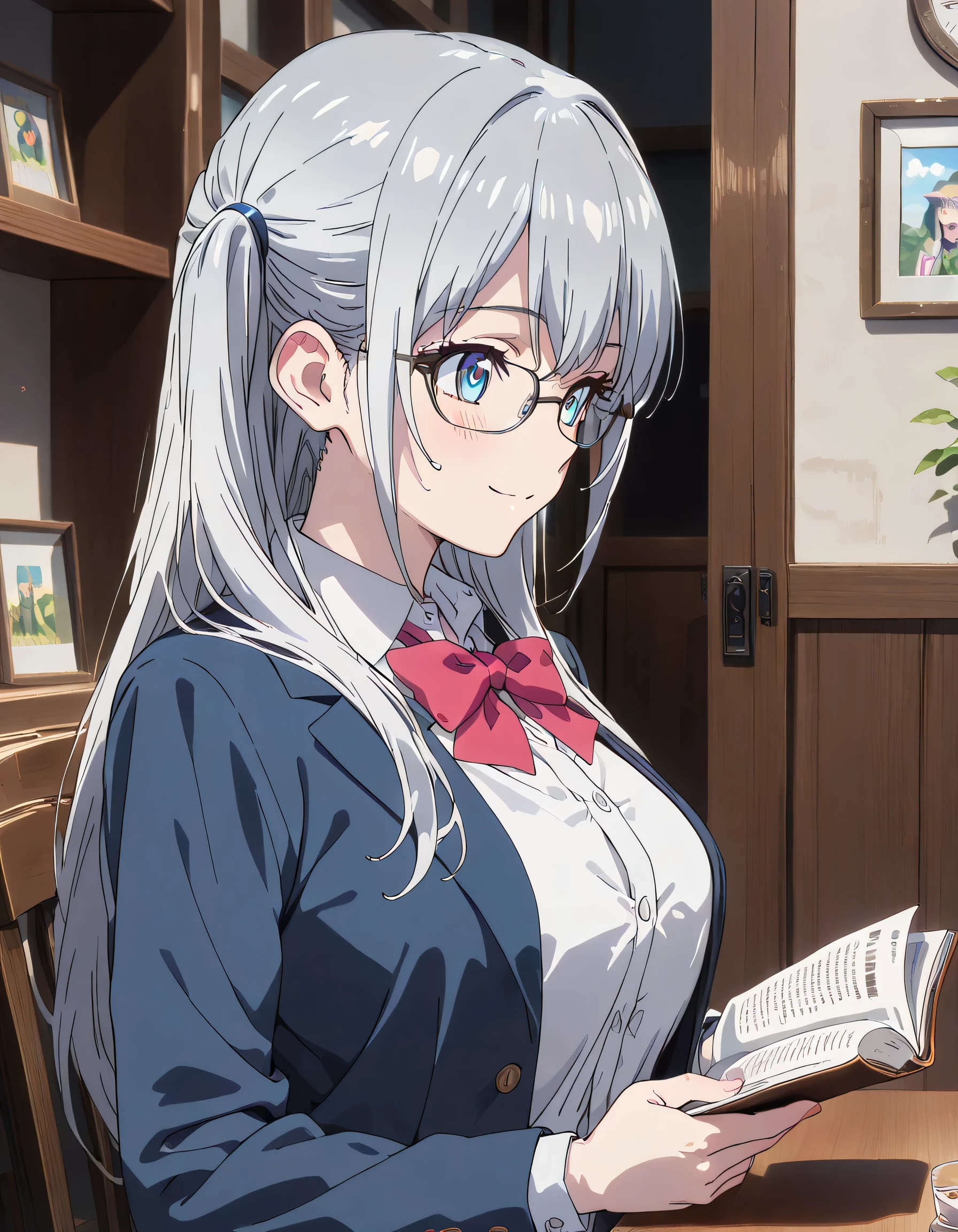 ((ultra-detailed)), (highly detailed CG illustration), (best quality:1.2), ultra-highly detailed, colorful composition, artistic photoshoot, 1girl, solo focus, ((upper body:1.4)), moe anime character, 20 years old girl, dainty facial structure, (), (round face), ((rounded chin:1.2)), ((ideal ratio body proportions)), blue eyes, ((wearing glasses:1.4)), ((round eyewear:1.4)), ((silver hair color)), ((two side up)), ample breast, school uniform, navy blue blazer, modern style with fitted jacket, red neck bow, long sleeves white frilled shirt, navy blue pleated skirt, and black high socks, ((smile:1.4)), ((happy:1.4)), ((joyful:1.4)), ((sit on the cafe terrace:1.4)), ((reading a novel:1.4)), from side, dynamic pose, contrapposto pose, best quality, masterpiece, expecting, pink cheek, blush, light pink gloss slip, portrait, depth of field, poured sunlight, sidelighting, (shine), lighting, caustics, ray tracing, perfect face, lustrous skin, highly detailed face, highly detailed eyes, perfect face, perfect nose, perfect hair, perfect eyes, perfect anatomy, beautiful hair, beautiful small face, extremely detailed face, beautiful detailed eyes, beautiful clavicle, beautiful body, beautiful huge breasts, leavage, breasts squeezed together, equalize the size of the left and right breasts, beautiful thin thighs, beautiful legs, beautiful fingers, 4 fingers, 1 thumb, lovely, (very detailed background:1.0), (highly detailed background:1.0), intricate details, joyful atmosphere, colorful and sparkling colors palette, chromatic aberration