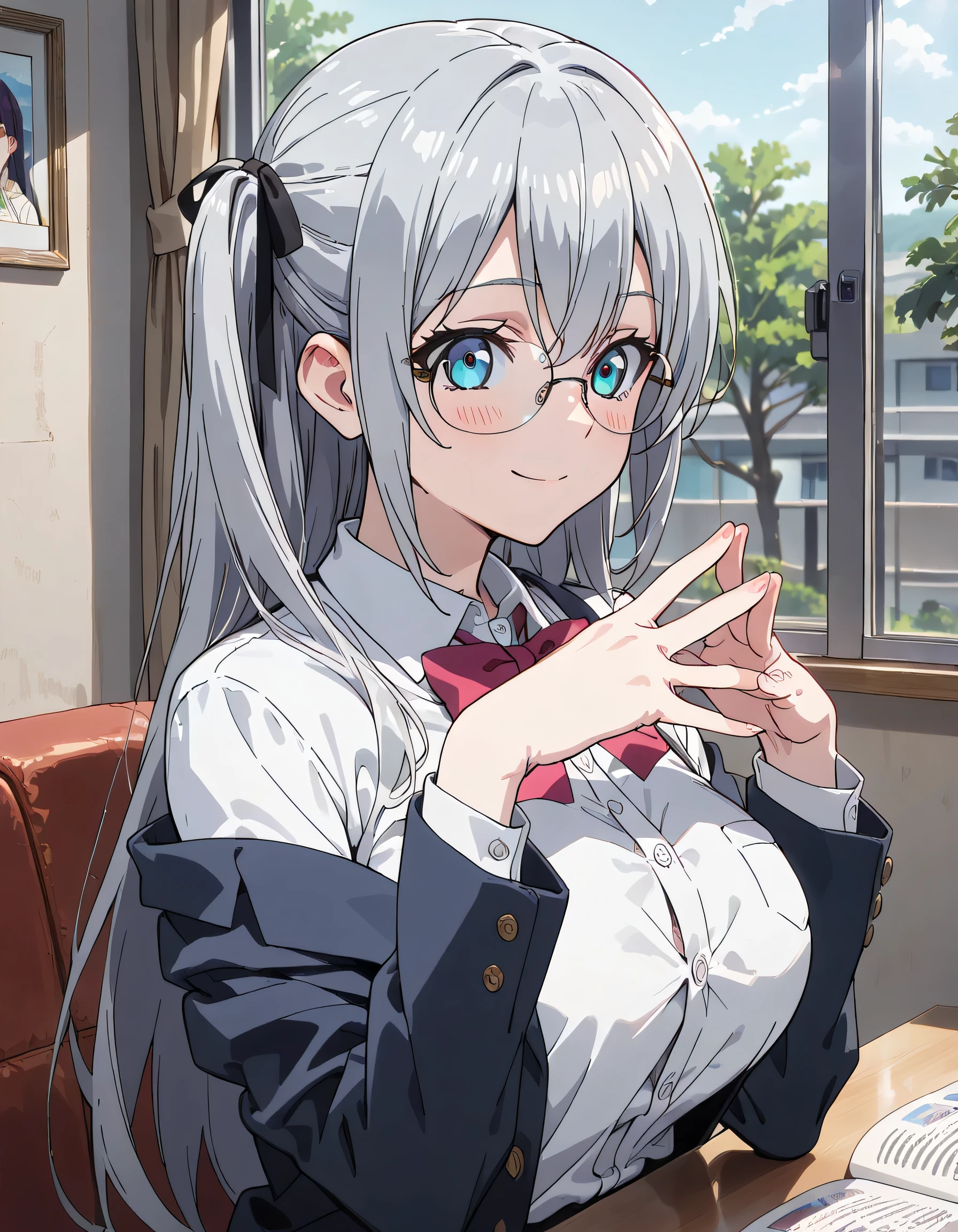 ((ultra-detailed)), (highly detailed CG illustration), (best quality:1.2), ultra-highly detailed, colorful composition, artistic photoshoot, 1girl, solo focus, ((upper body:1.4)), moe anime character, 20 years old girl, dainty facial structure, (), (round face), ((rounded chin:1.2)), ((ideal ratio body proportions)), blue eyes, ((wearing glasses:1.4)), ((round eyewear:1.4)), ((silver hair color)), ((two side up)), ample breast, school uniform, navy blue blazer, modern style with fitted jacket, red neck bow, long sleeves white frilled shirt, navy blue pleated skirt, and black high socks, ((smile:1.4)), ((happy:1.4)), ((joyful:1.4)), ((sit on the cafe terrace:1.4)), ((reading a novel:1.4)), from side, dynamic pose, contrapposto pose, best quality, masterpiece, expecting, pink cheek, blush, light pink gloss slip, portrait, depth of field, poured sunlight, sidelighting, (shine), lighting, caustics, ray tracing, perfect face, lustrous skin, highly detailed face, highly detailed eyes, perfect face, perfect nose, perfect hair, perfect eyes, perfect anatomy, beautiful hair, beautiful small face, extremely detailed face, beautiful detailed eyes, beautiful clavicle, beautiful body, beautiful huge breasts, leavage, breasts squeezed together, equalize the size of the left and right breasts, beautiful thin thighs,  beautiful legs, beautiful fingers, 4 fingers, 1 thumb, lovely, (very detailed background:1.0), (highly detailed background:1.0), intricate details, joyful  atmosphere, colorful and sparkling colors palette, chromatic aberration