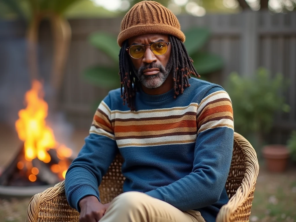 I want an old black man with a white beard sitting on a stump smoking a pipe, he will be dressed in a plaid dress shirt and beige dress pants and one leg of the pants will be rolled up to the knee