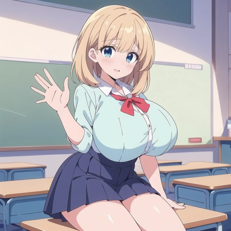 Highest quality、High resolution、Detailed Background、Artistic、mysterious、Beautiful face in every detail、Teenage beauty、Huge breasts、Detailed facial expressions、Light-colored hair、ponytail、Bobcut、Perfect body line、Glasses、Navy blue sleeveless sailor suit、White sailor collar、Navy blue pleated skirt、White Stockings、A big smile、laughing、A fun atmosphere、
(Bottom view of two little girls sitting at a desk in a classroom:1.5)、Emphasize cleavage、Show your side、cute