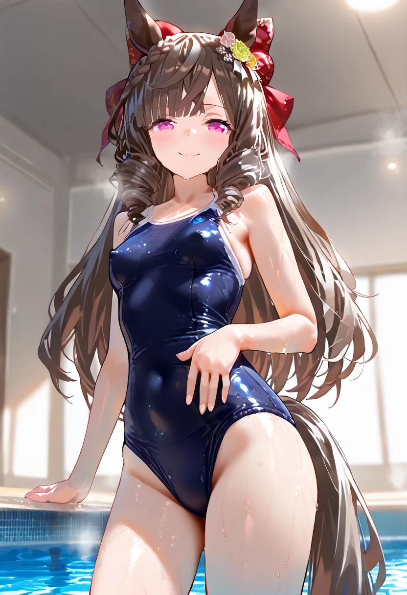 masterpiece, highest quality, High resolution, Anatsume, Long Hair, Multicolored Hair, Twin Blade, Hair Ribbon, Blue Ribbon, Hair that falls over the shoulders, , Medium chest, clavicle, latex,, Cowboy Shot,bedroom,highleg ,one-piece swimsuits,,kneeking