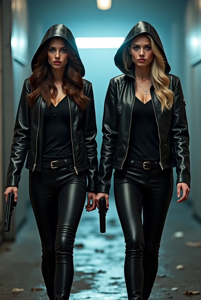 Scarlett Johansson and Natalie Portman, both wearing tight leather outfits, are robbing a bank with pistols and a bag.