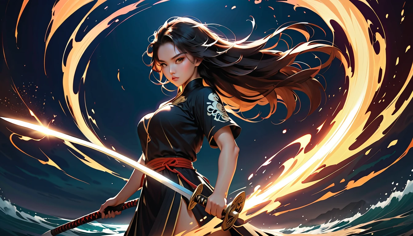 realistic, 1girl, profile portrait, beautiful japanese girl, japanese pirat, xviii century, she hold katana sword near face, shining metal, eyes reflection from sword metal, old and torn pirate outfit, female pirate, Low-key lighting Style, katana, fight with another pirate, dynamic shot, fighting pose