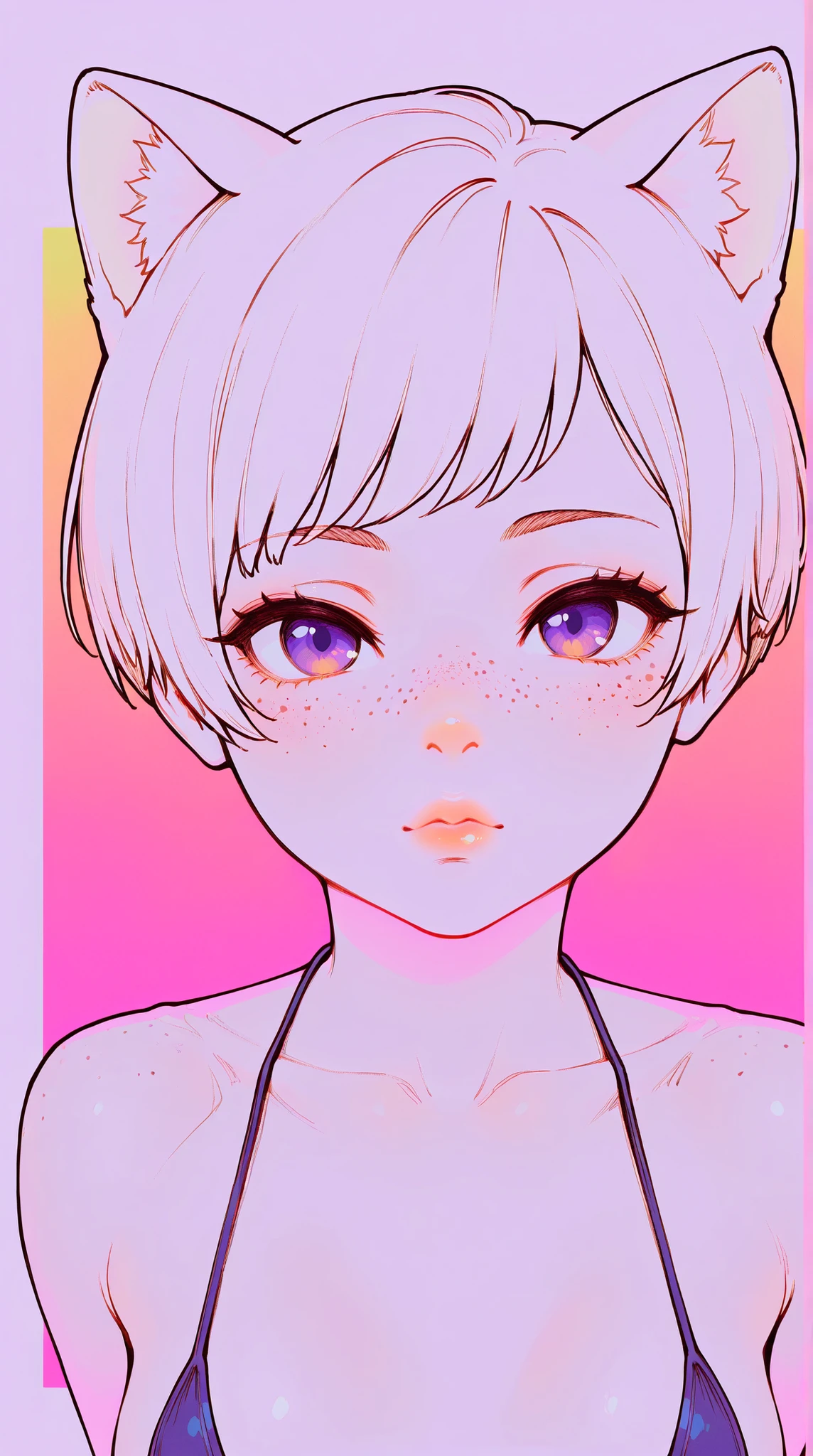 {high definition image}, korean cat girl, cat ears, short hair (pixie cut), pointed nose, thin lips, busty, freckles on the face, wearing a mini bikini, looking at the viewer with a neutral expression, {centered image}, {close up on face}, {just face and chest photo}, lineart, no background, colorful background,