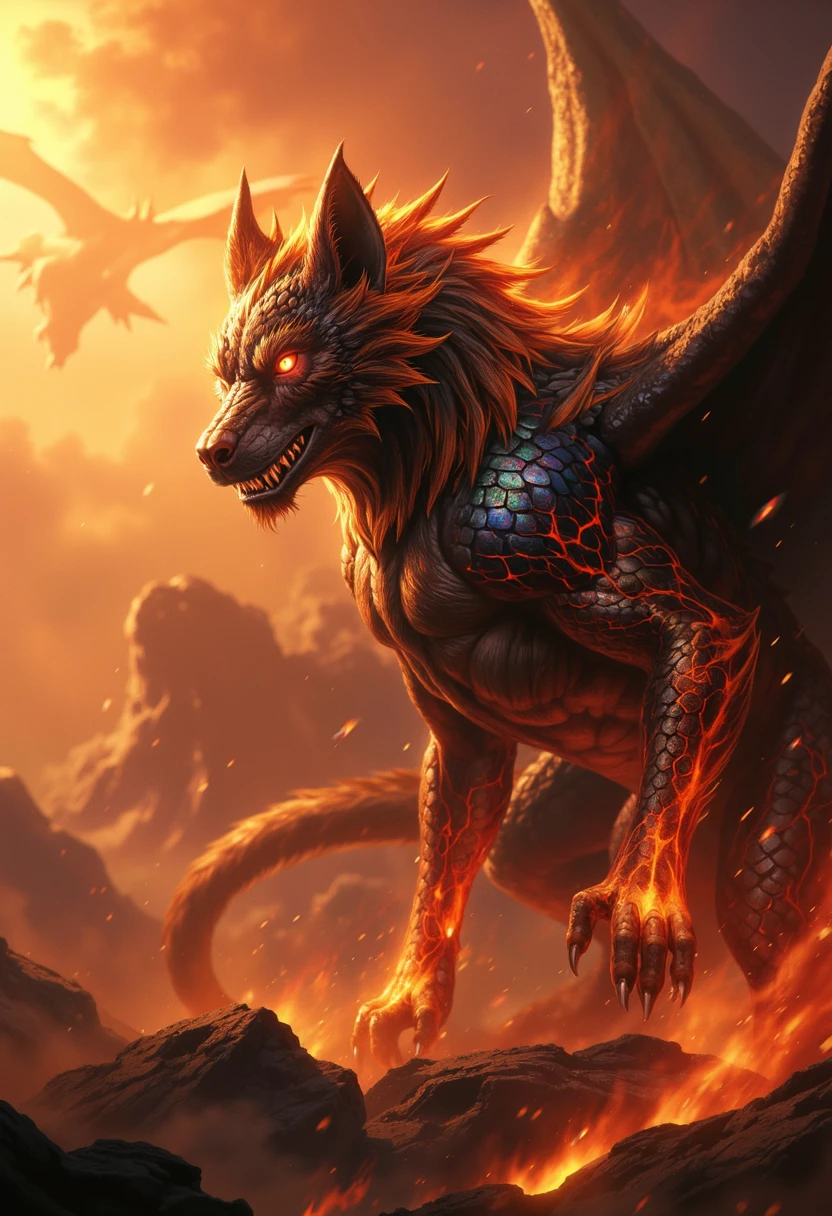 (Award-winning digital artwork:1.3), (Masterpiece, Ultra-detailed:1.3), portrait,Solo Focus, (Fire Demon),(Monster the size of a building),Ifrit, smoke, Feu, buildings on fire, mort, Destruction, complexe