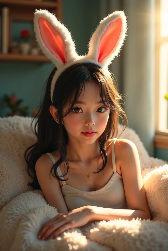 4k, Young Latin woman with red hair, Wear glasses ,Wear a bunny ears headband, Height 170 cm. Weight 50 kg. , Short, thin pajamas ,pink nipples,Lie down and show off your pussy.,The pussy has white fluid flowing out.,You can see the pussy clearly.,oiled body,A tingly expression,full body image,chubby