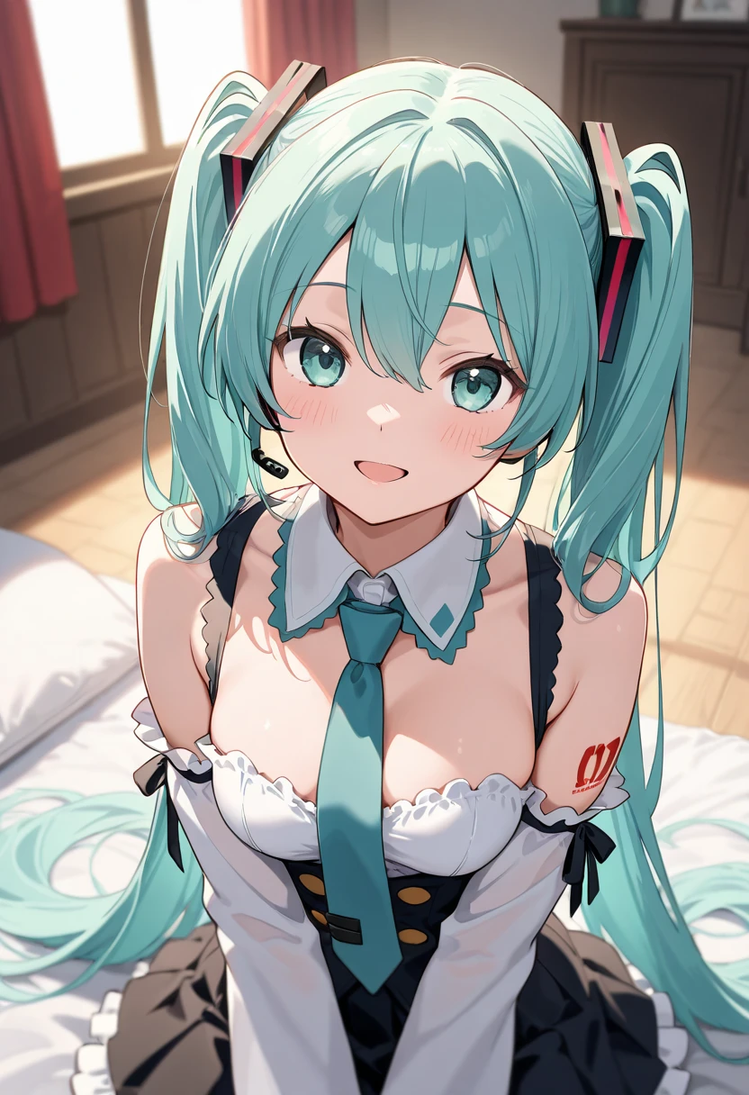 hatsune miku, pijama, cat ears, smiling, kneling, big tits