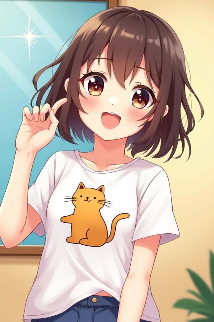 masterpiece,ultra detail,best quality,girl,petite,blush,ByouinjiYunna,hair bun, double bun,black hair,bun cover, bangs,smile,outdoor,paw pose, <lora:ByouinjiYunna:0.6> kitten t-shirt,